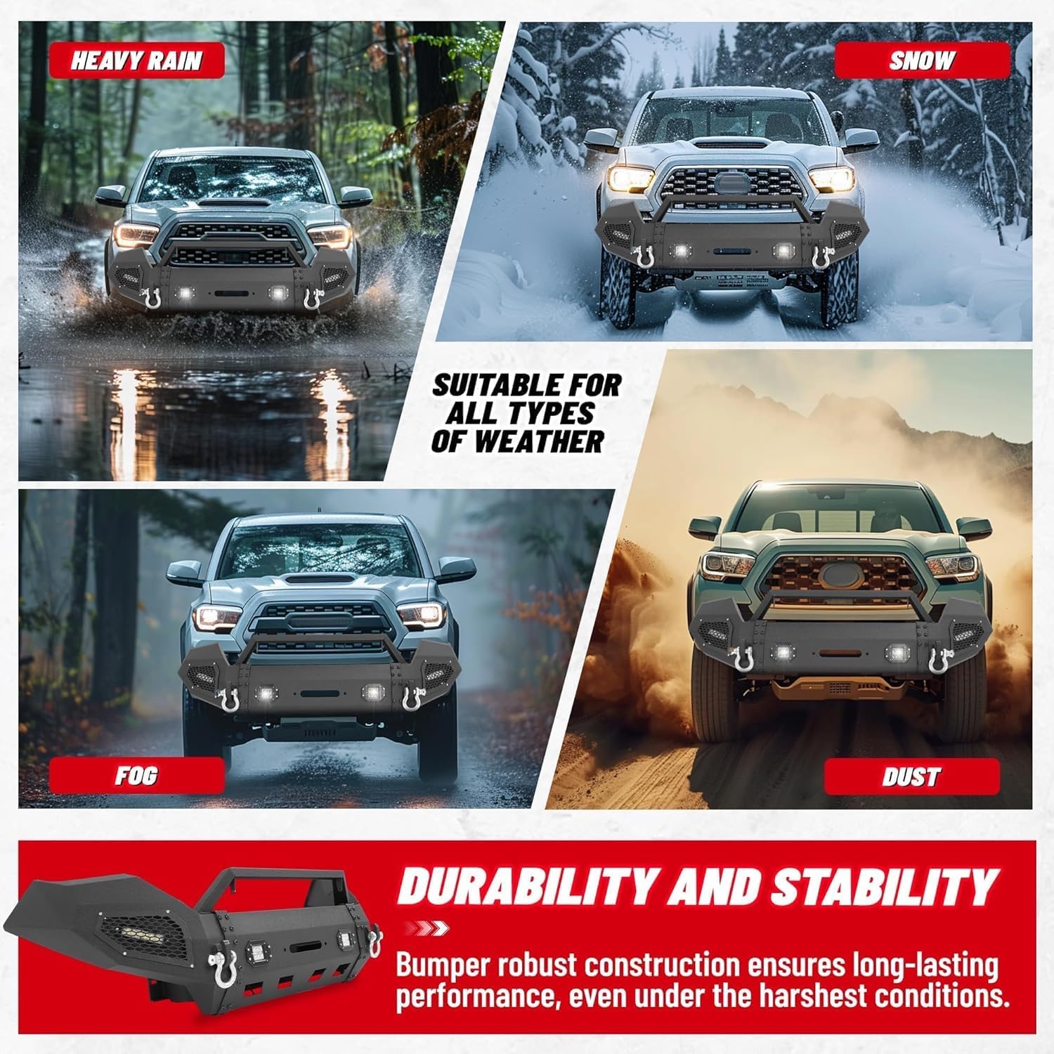 HECASA Front Bumper Assembly Compatible with 2016-2023 Toyota Tacoma 3rd Gen w/LED Light & D-ring & Winch Plate 3PCs Steel Powder Coated Black - 2Packages