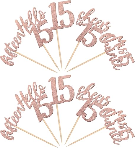 Vista 115 de 30 piezas de decoración negra para cupcakes de cumpleaños número 15 con purpurina de quince Hello 15 para cupcakes Mis membrillo a 15 años