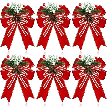 Moucuny 6 Pcs Christmas Velvet Bows with Pine Cones Pine Needles Xmas Red Ribbon Bow Ornaments for Christmas Farmhouse Indoor Outdoor Tree Wreath Garland DIY Crafts Decoration