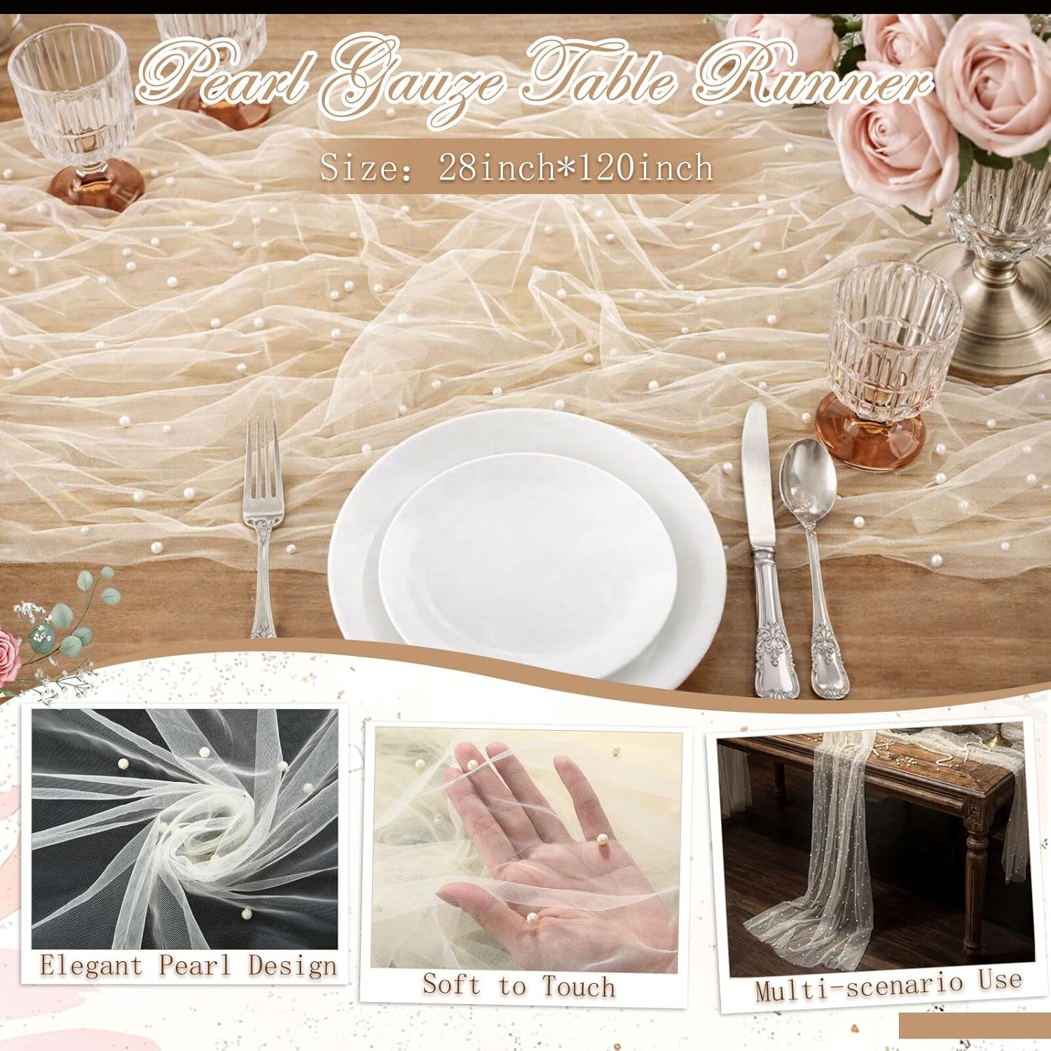 10 Pcs Pearl Gauze Table Runner 120 Inch 10ft Pearl Sheer Tulle Table Cloth Centerpieces for Home Wedding Bridal Valentine Birthday Baby Shower Party Holiday Dining Decorations (Beige)