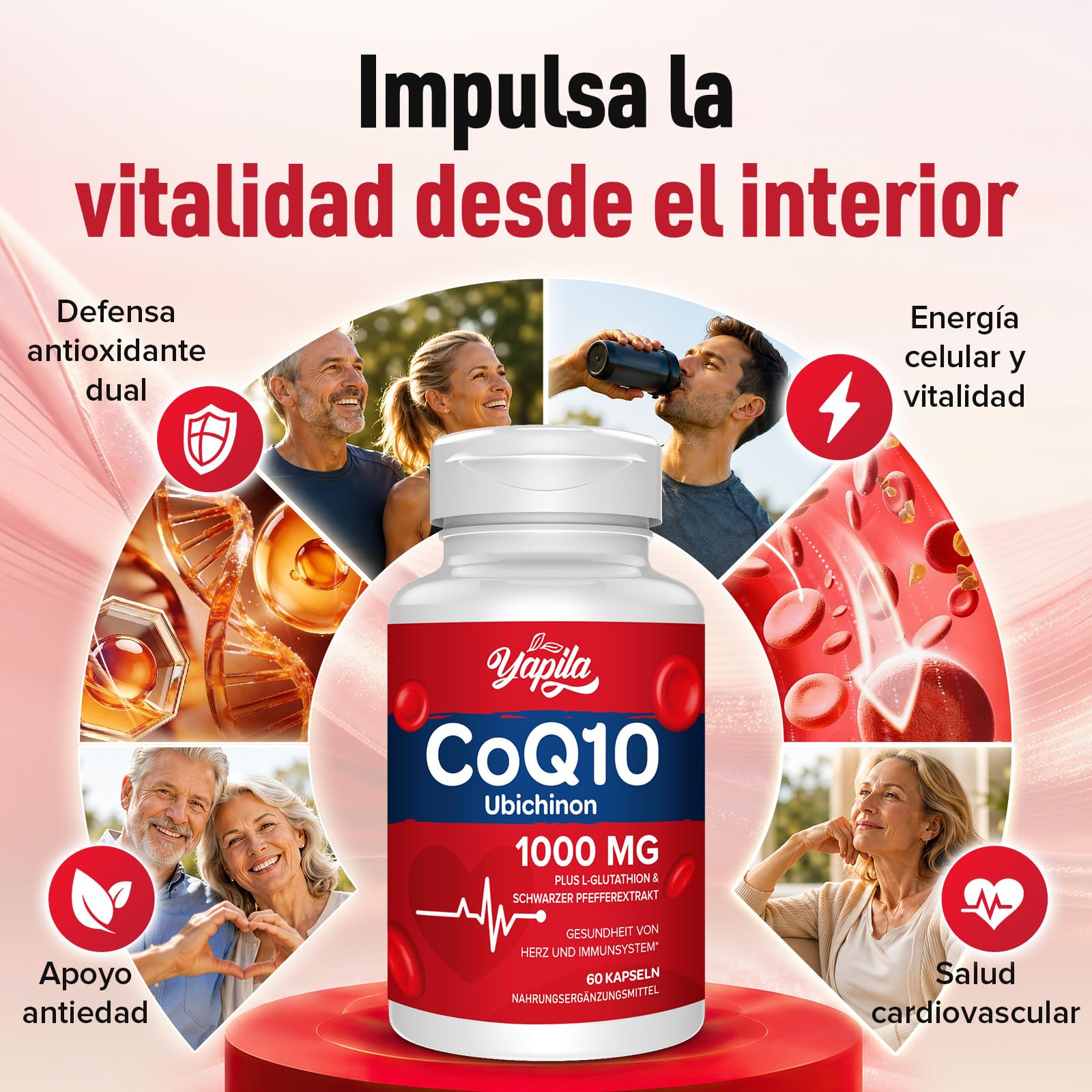 CoQ10 con L-Glutatión Cápsulas de 1000 mg(2 Paquetes) - Coenzima Q10 100% Fermentada, Coenzime Q10 Altamente Concentrada, Coenzima Q10 Antioxidante, Sin Soja, Sin Gluten, Vegano