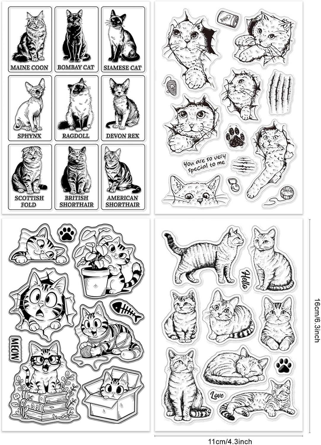 GLOBLELAND 4 Sheets Cats Clear Stamps for Scrapbooking 3D Cat Silicone Stamps Cute Cats Transparent Stamp Set for Card Making DIY Embossing Journaling