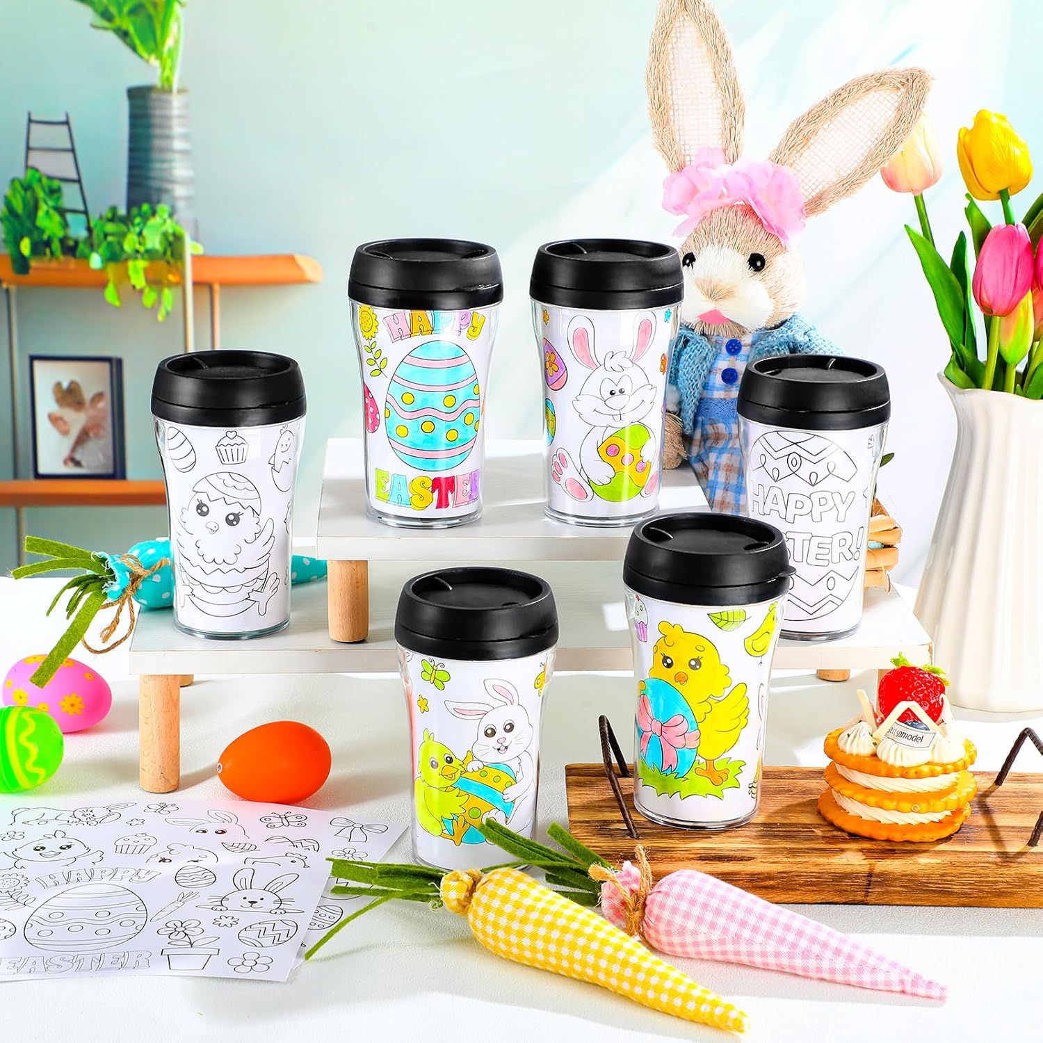 Set of 12 Easter DIY Color Your Own Cups 10 oz Coloring Cups Color Your Own Plastic Mugs for Easter Party Favors Crafts Home Activities Gifts