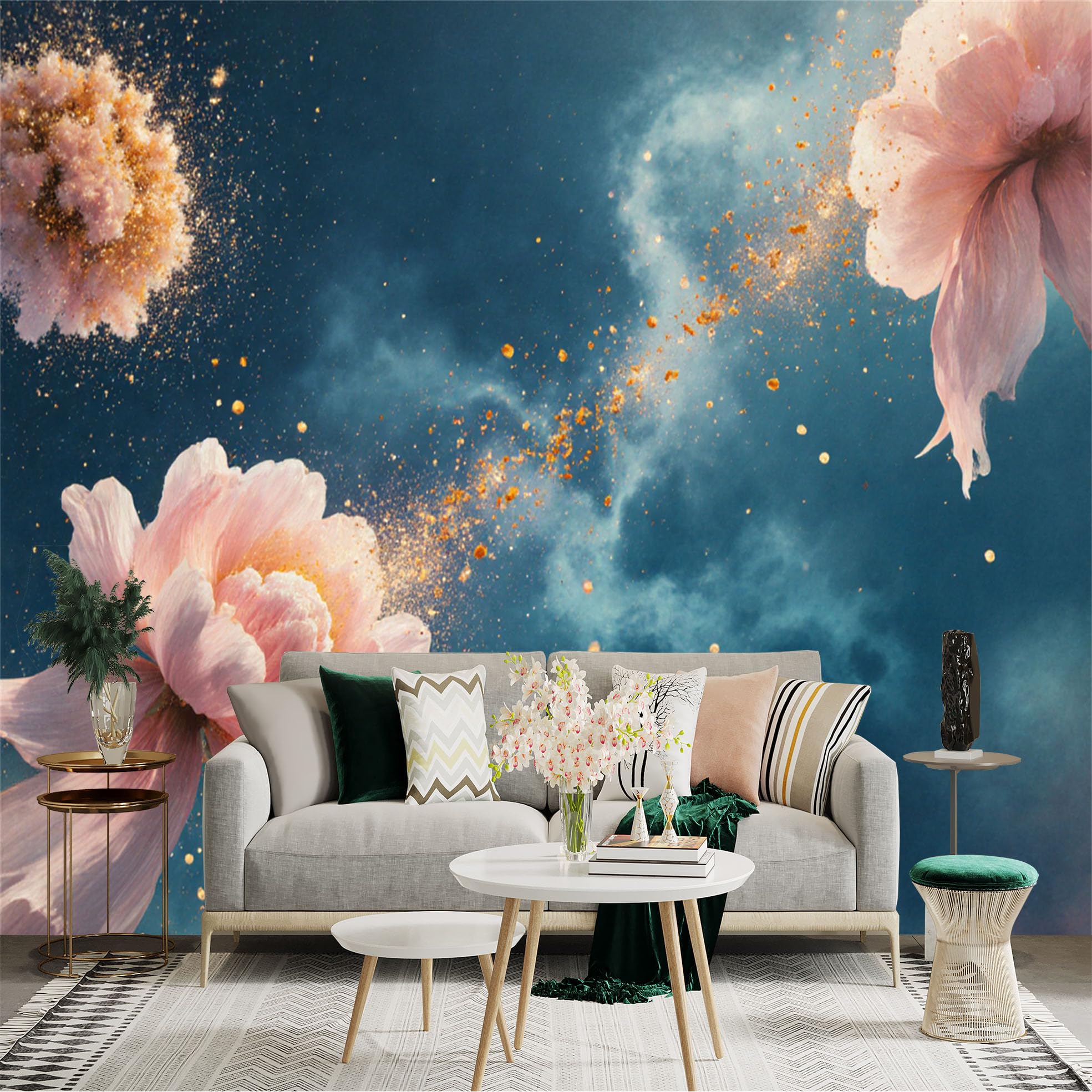 Custom Size Wall Sticker Mural， Pink Peonies with Golden Glitter， Blue Atmospheric Background， Elegant Floral Art， for wall Decoration， peelandstick wall Decals.