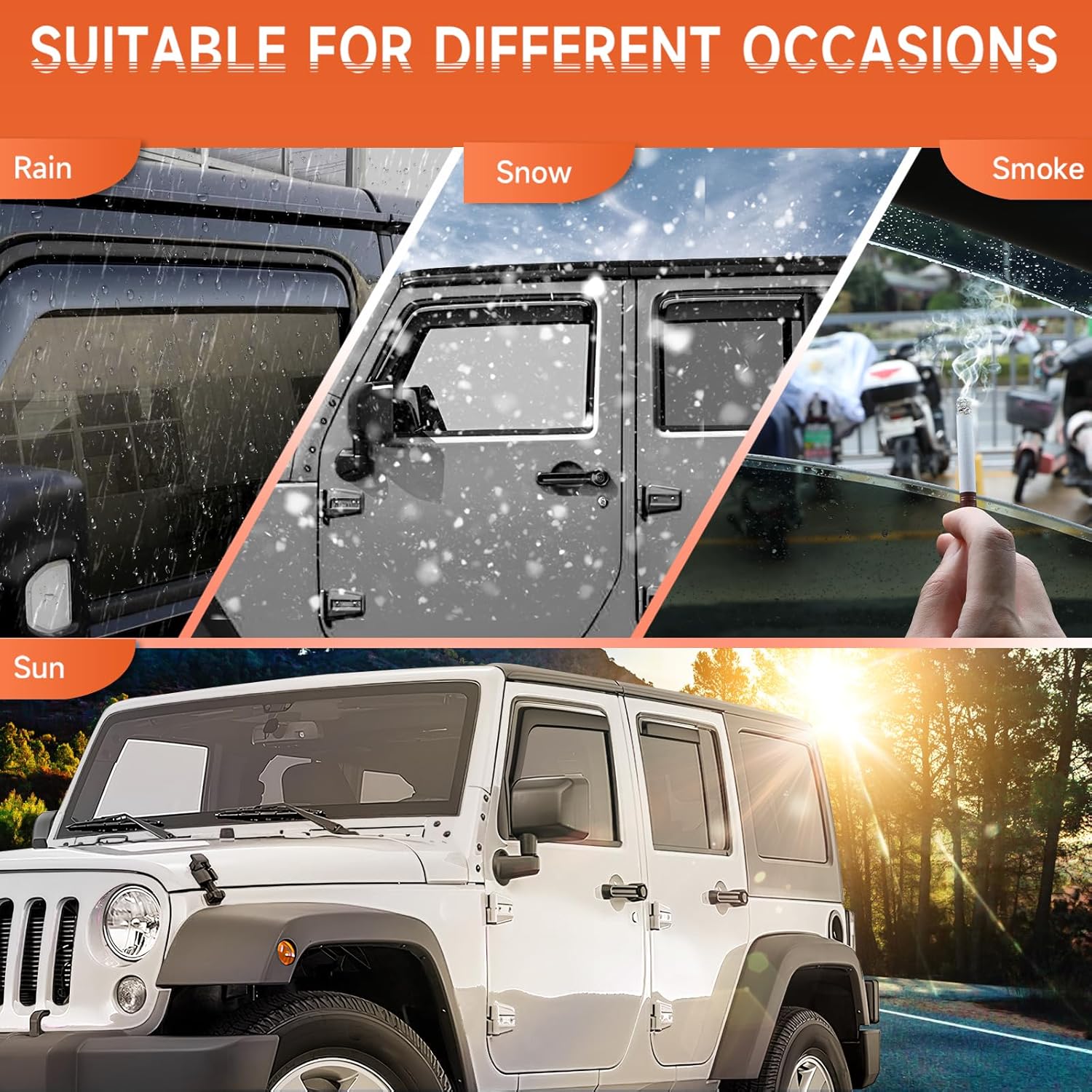 ACLONG in-Channel Rain Guards Black Window Visor Compatible with Jeep Wrangler JK 4-Door 2007-2017 Side Shatterproof Sun Visor, Window Deflectors, 4-Piece Set