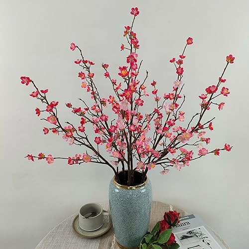 Miniatura 5 de Flores de ciruelo artificiales, 6 flores de cerezo rojo rosa, ramas falsas para jarrón, tallos de flor de cerezo sintético para decoración del hogar