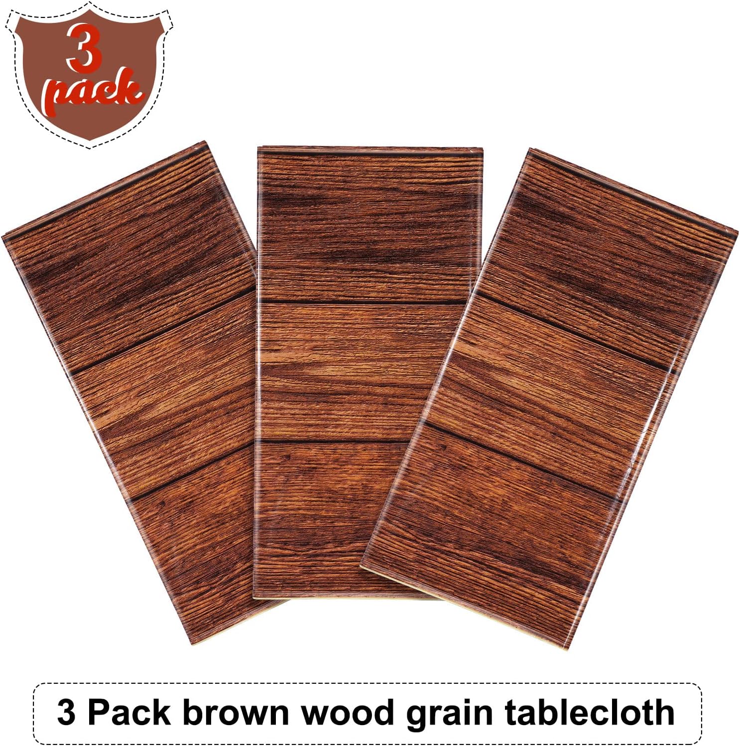 Moukeren 3 Pcs Brown Wood Grain Tablecloths 54 x 108 Inch Rustic Plastic Table Covers, Rectangle Vintage Farmhouse Waterproof Table Cloth Decoration for Cowboy Western Barn Birthday Baby Shower Party