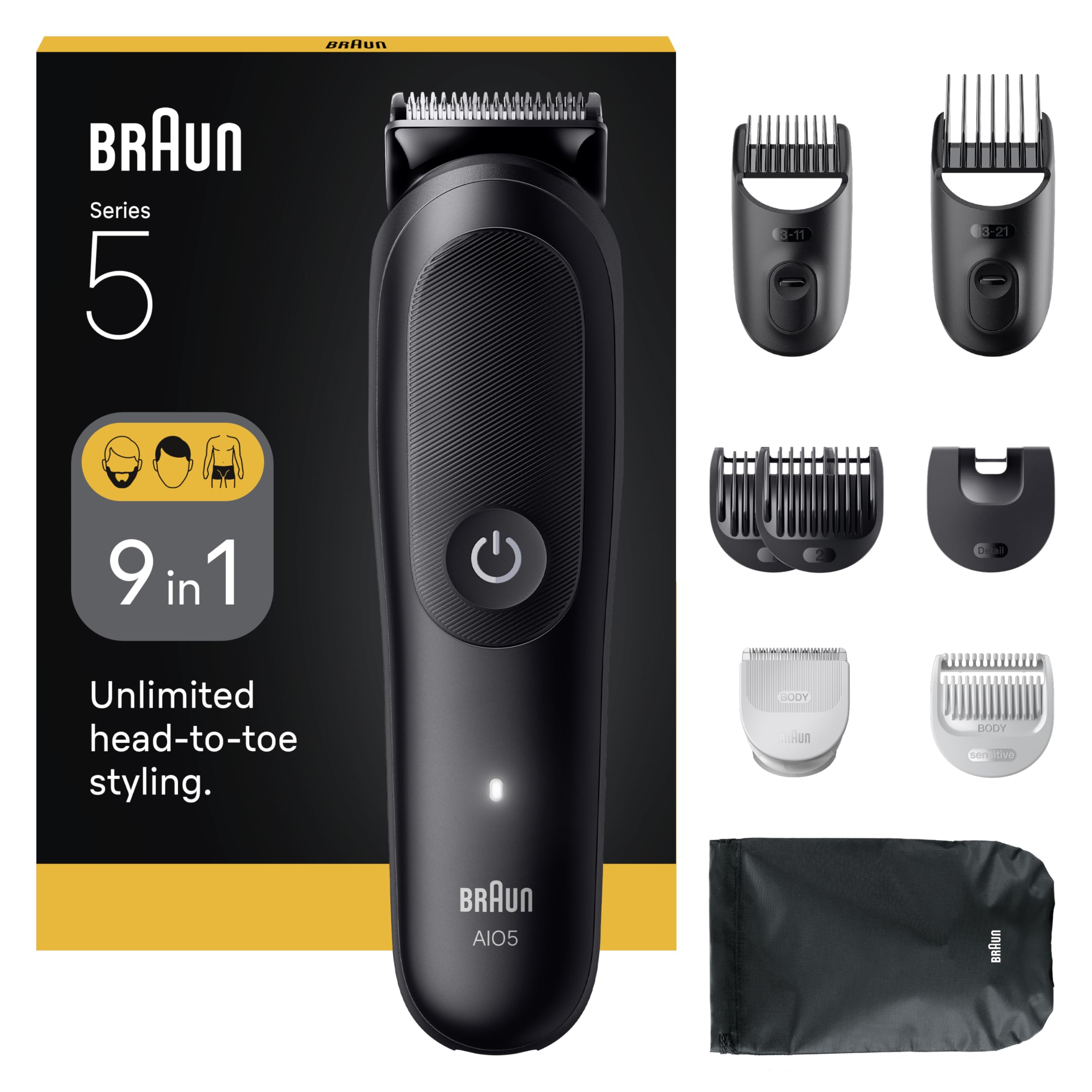 Braun - Cortapelos todo en uno serie 5, 9-en-1, hoja ultra afilada, 120 minutos de autonomía, protección SkinGuard para el cuerpo, corte preciso y eficiente, mango AquaGrip práctico bajo el agua,