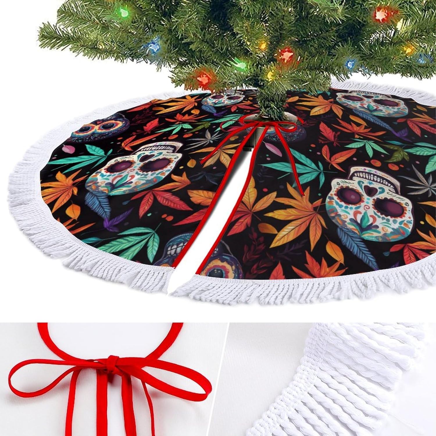 Colorful Skull Weed Plants Christmas Tree Skirt Round Xmas Tree Mat Ornaments Tree Skirts with Tassels for Holiday Party