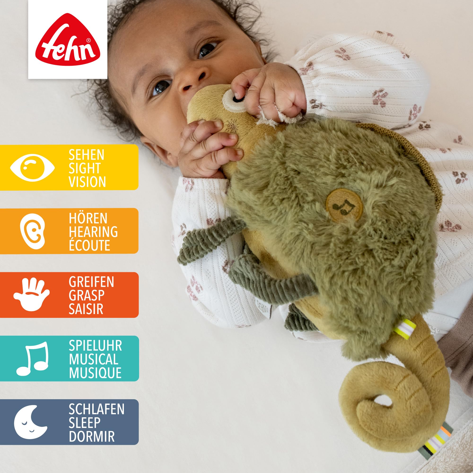 Fehn Einschlafhilfe Chamäleon – Baby Einschlafhilfe mit Soundmodul: Chamäleon Kuscheltier mit entnehmbaren elektronischem Soundmodul mit Cry-Sensor, Spieluhr für Babys und Kleinkinder ab 0+ Monaten
