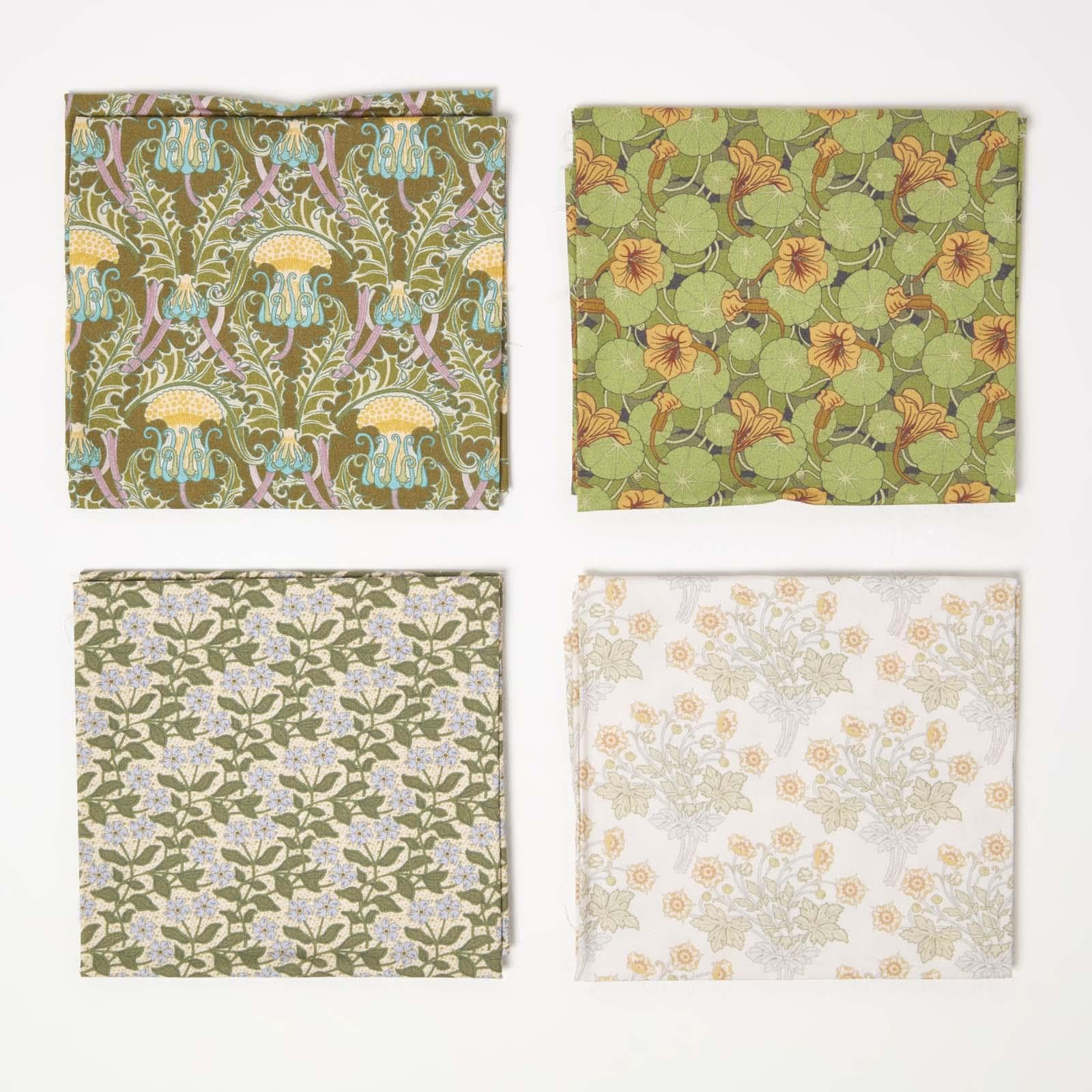 HOMESCAPES 4pcs Fat Quarters Fabric Bundles, 100% Cotton Fabric, 50 x 55cm, Dark Green Material for Sewing, Patchwork Quilting Fabric for DIY Crafts - Maurice Verneuil Design