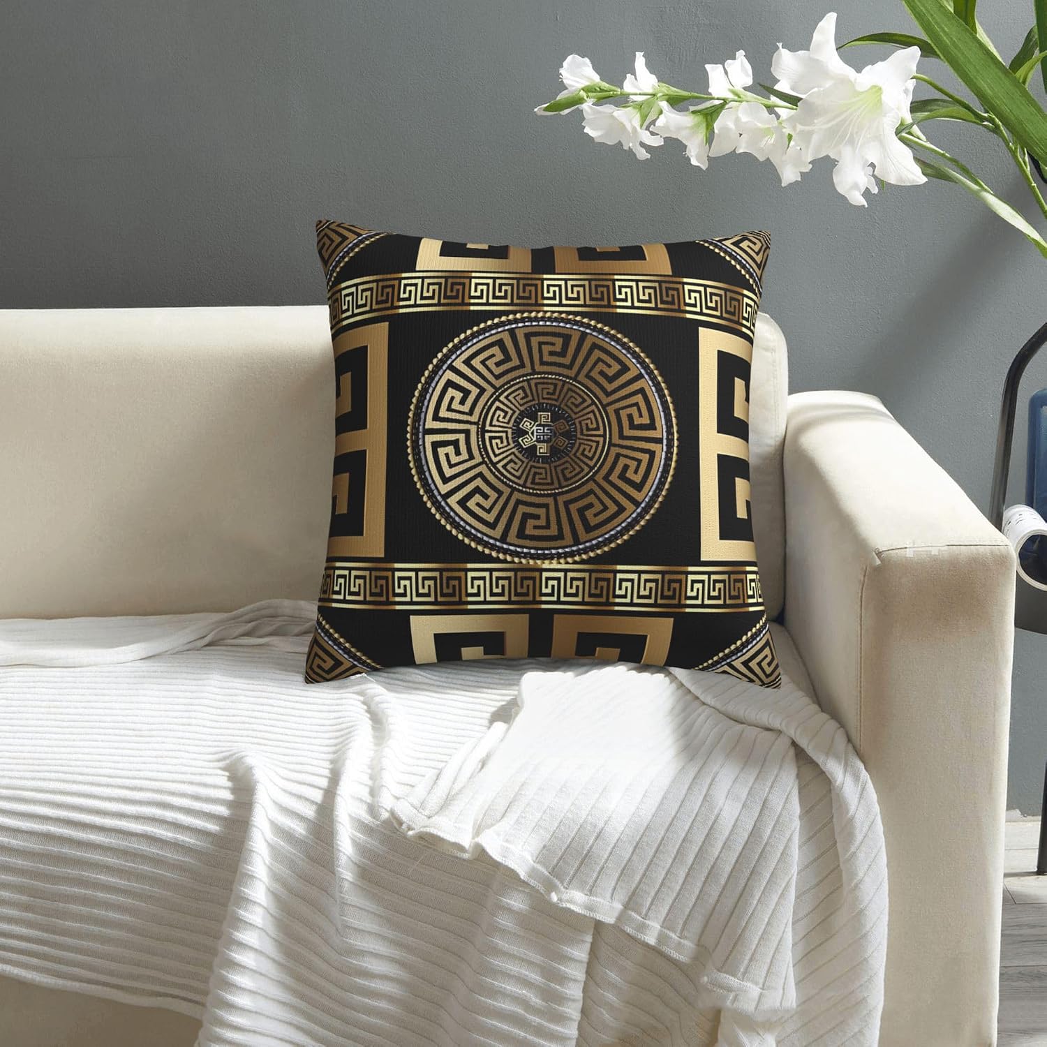 Retro Black Gold Greek Key Meander Luxury Double Sided Plush Decorative Square Pillowcase for Sofa Pillows Living Room and Bedroom 18x18 Inch image 4