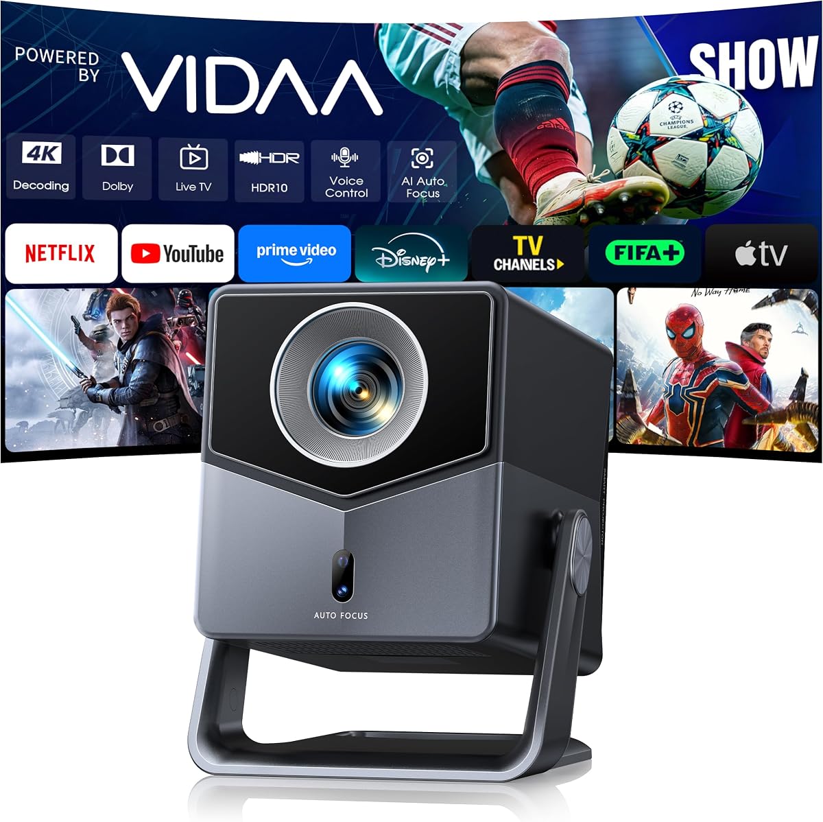 Smart Projector 4K [VIDAA Live TV & 36W Dolby & Voice Control] with WiFi6 and Bluetooth, Short Throw Projector Compatible with Netflix, AI Auto Focus, HDR10, Home Theater Proyector for Outdoor Movies