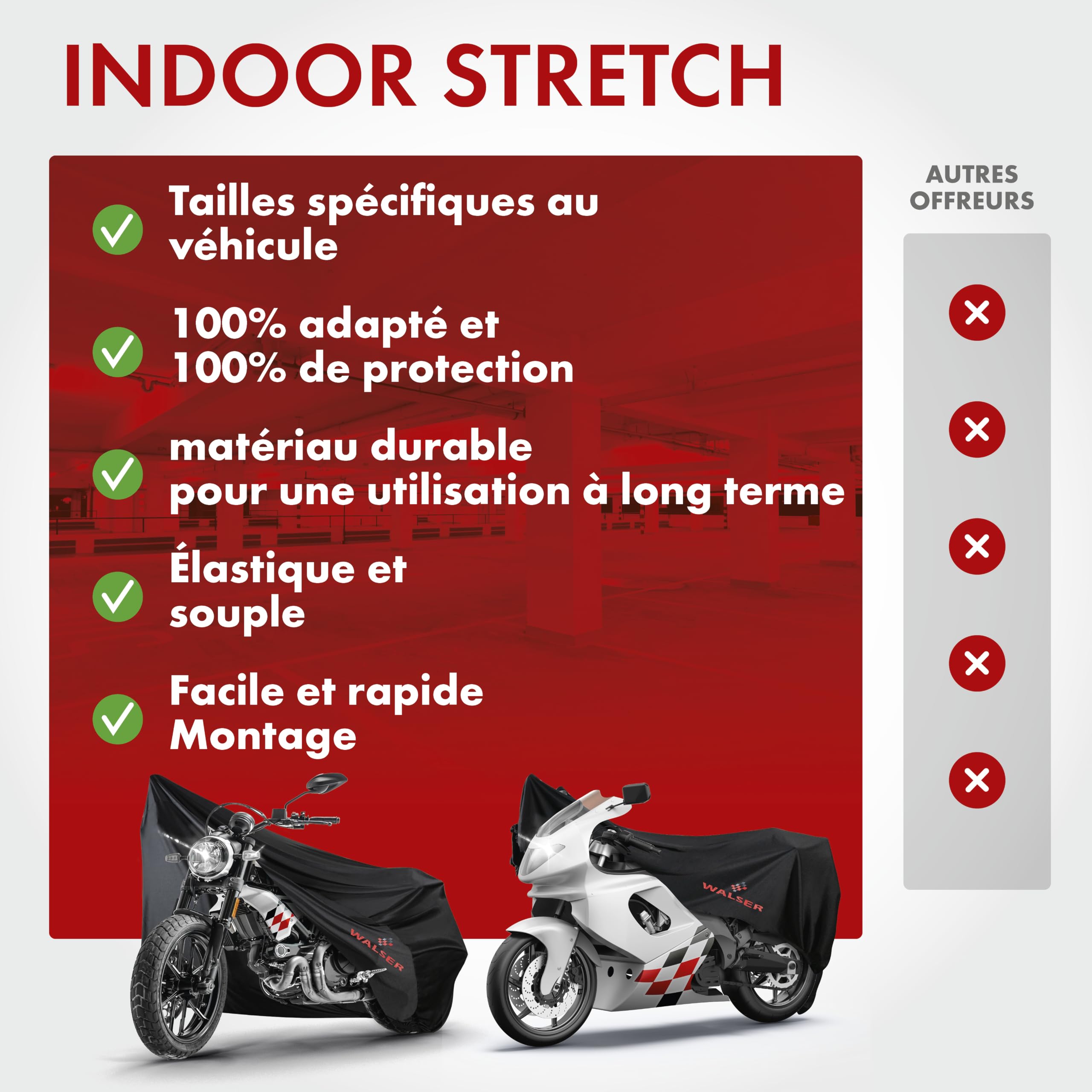 WALSER Housse Moto Indoor XL 255x110x135 cm - Bache Moto Stretch respirante, Protection Anti-poussiere XXL pour Grandes Motos & Choppers, Garage Moto Interieur noir incl. Sac