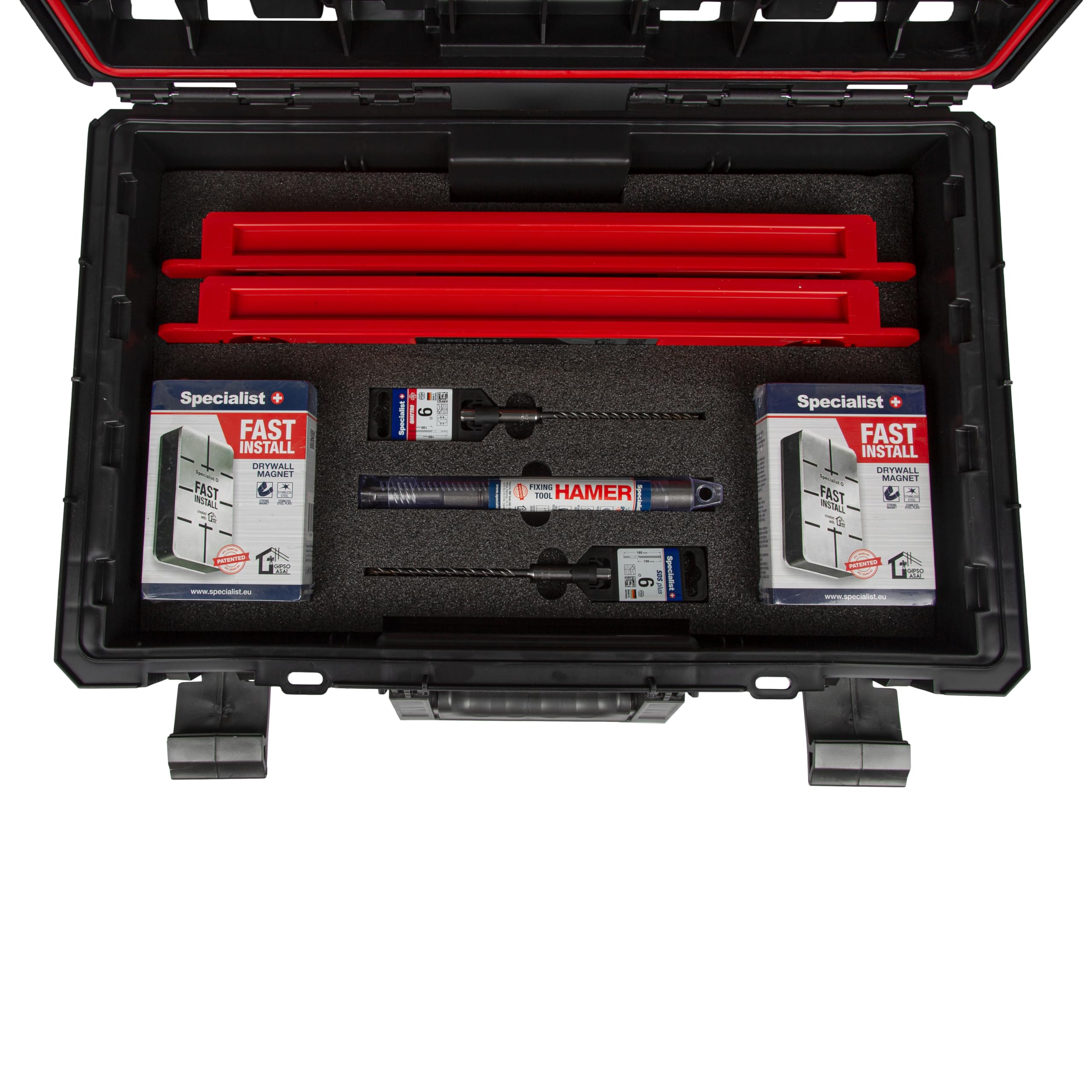 Specialist+ Trockenbau-Werkzeugset | x2 SPACER (50 cm), x2 FAST INSTALL-Gipsmagnete, x1 HAMMER-Steckertreiber, SDS+ & QUATTRO Bohrer | Schnelle Montage | Für Knauf D-112 geeignet