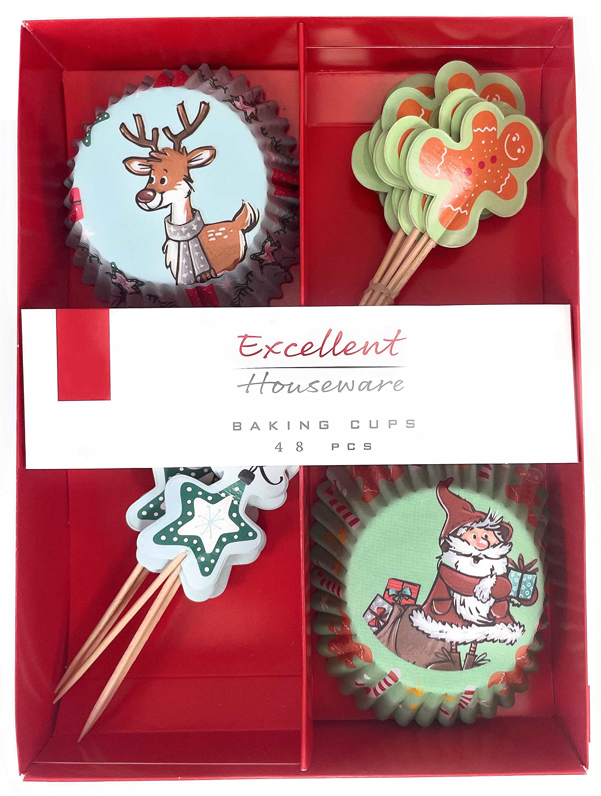 24 Stück Weihnachten Cupcake Toppers – 6 Motive Inkl. Weihnachtsmann & Lebkuchenmann, Fertig Montiert Auf Zahnstochern