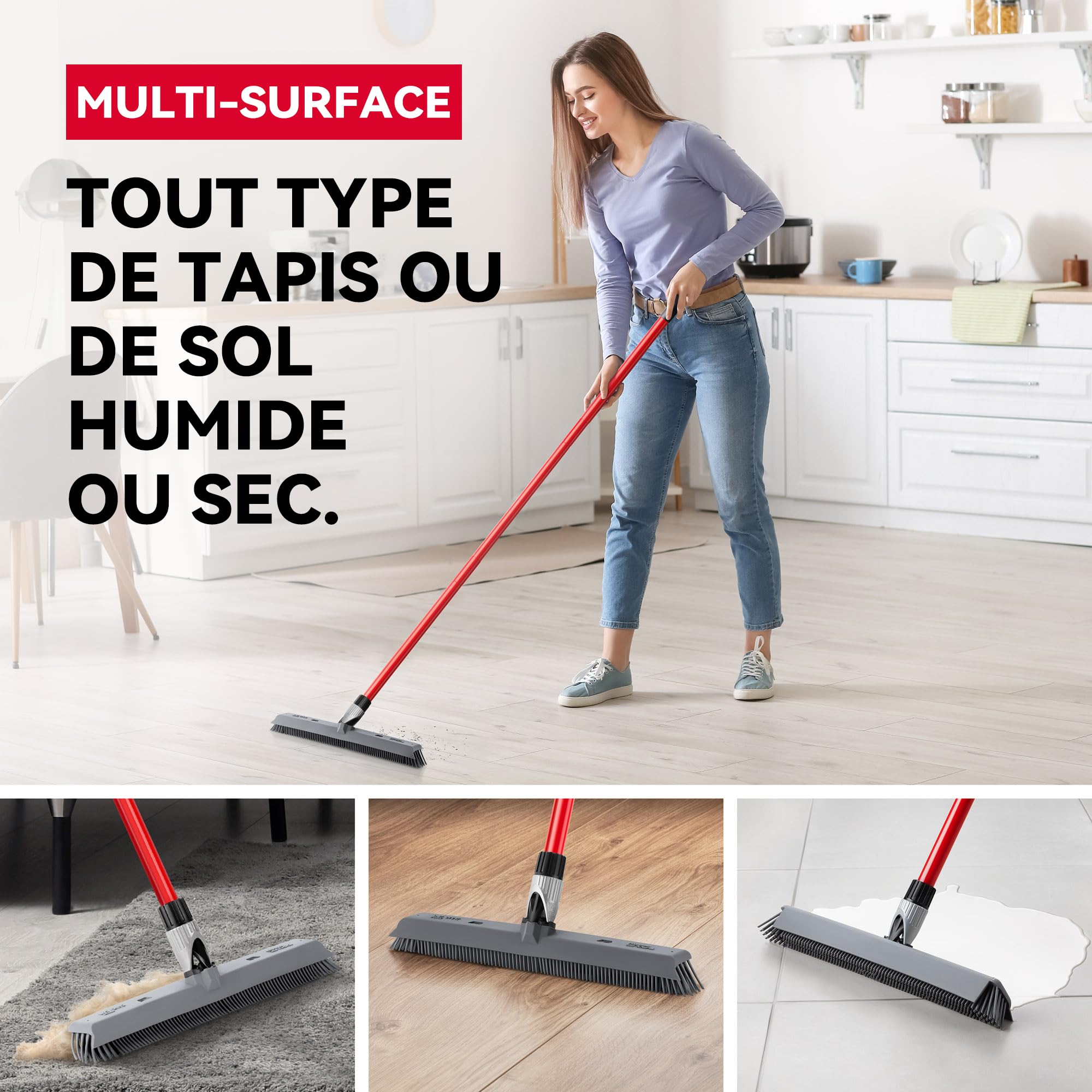 Tyroler Balai Silicone & Raclette Sol | Tête De 41 cm Balai Bross Poils Animaux | Manche Anti-Rouille en 4 Parties de 140 cm pour Balais en Silicone Professionnel | Balais Nettoyer Sol