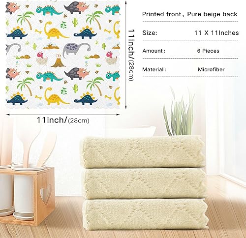 Miniatura 4 de linqin Cute Dinosaur Set of 6 Fast Drying Kitchen Towels and Dishcloths Print Soft Flour Sack Kitchen Towels Reusable for Countertop Oven