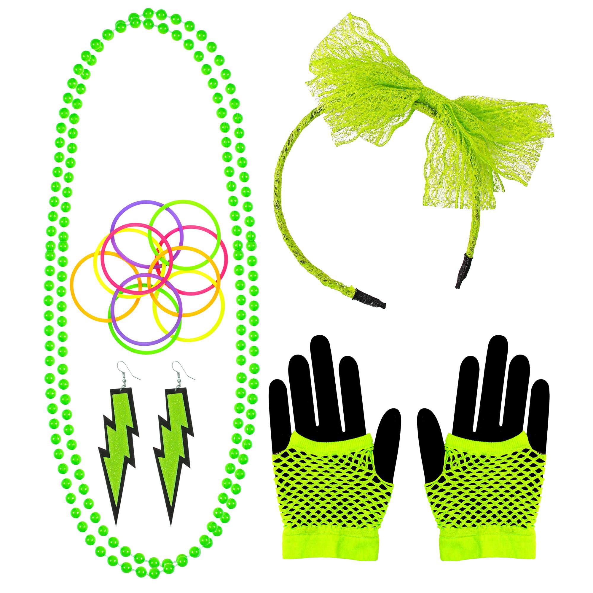 WIDMANN - Fancy Dress Set 80s Fashion Neon Headband Pearl Necklaces Earrings Fingerless Mesh Gloves 10 Bracelets Disco 80s Carnival Theme Party