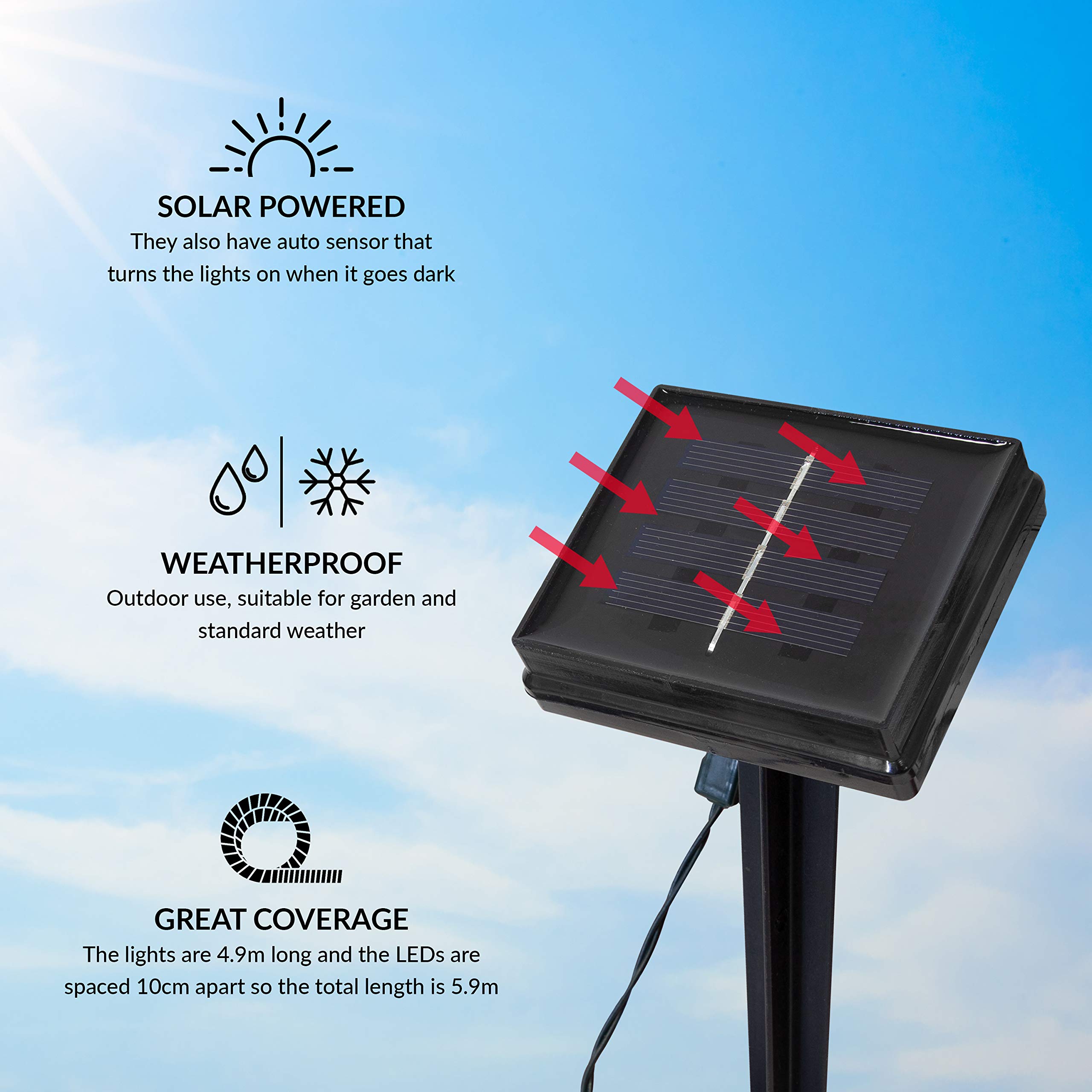 GardenKraft 15580 50 Multi-Coloured Solar Powered Outdoor LED String Lights / 4.9m Coverage / IP44 Weatherproof / Auto-On / Garden - Image 2