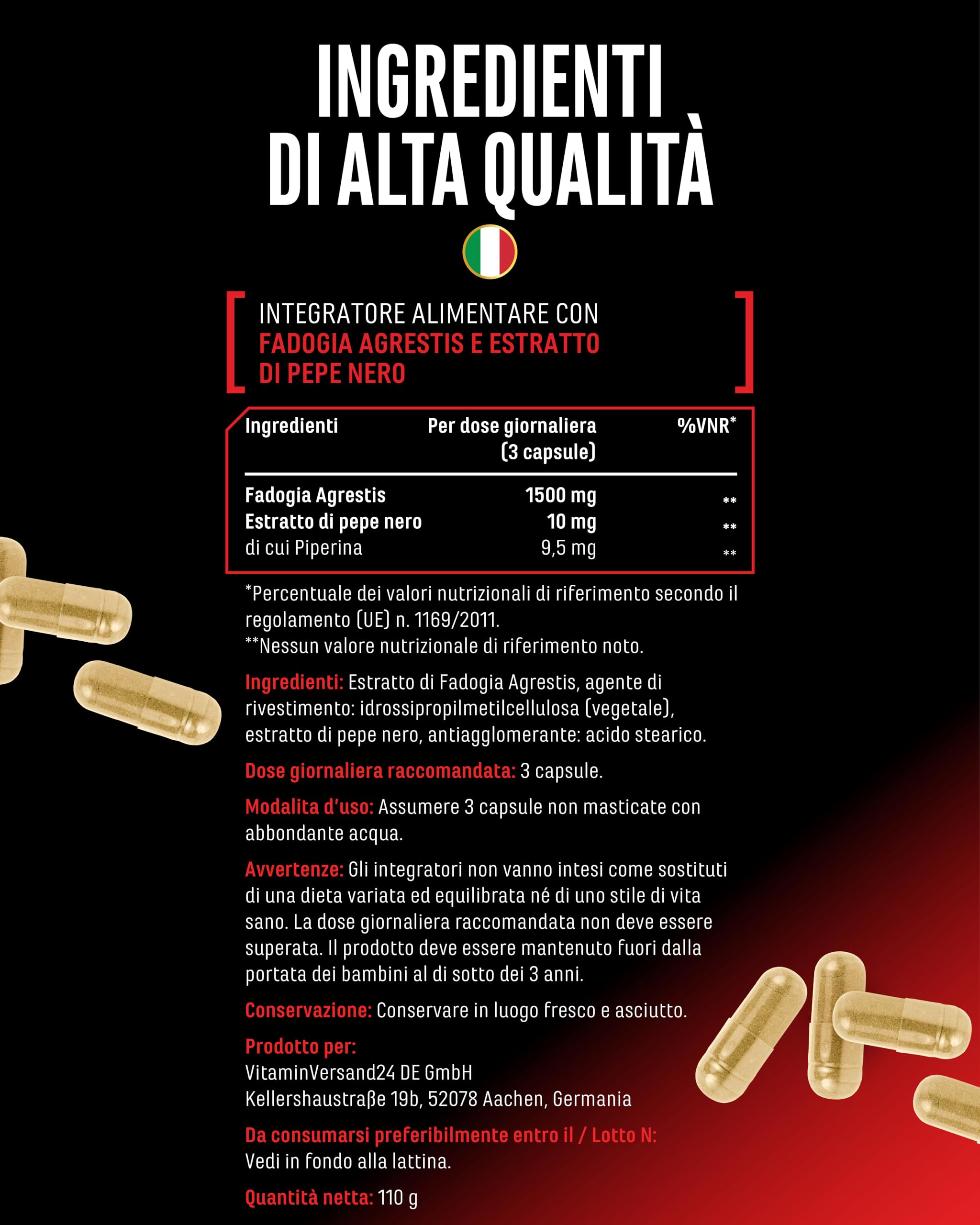 Fadogia Agrestis Max - 180 Capsule Vegane - 1510 mg per Dose Giornaliera - Con Estratto di Pepe Nero e Bioenhancer - Formula ad Alto Valore con Estratti - Senza Additivi Inutili
