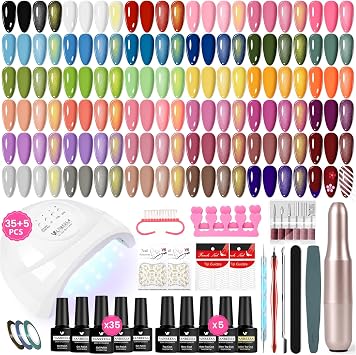 VANREESA 35 Colours Gel Nail Polish Set with Lamp and Drill Classic Black White Red Neutral Pink Gel Nail Kit Starter Kit with Glitter Coat Suitable for All Seasons Manicure Tools Gifts for Women