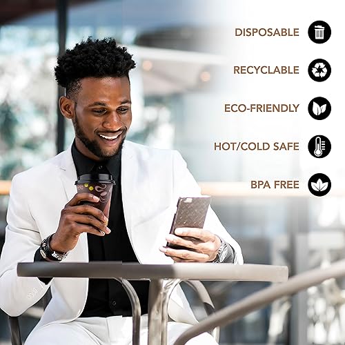 Miniatura 7 de Tazas de café desechables con tapas de 16 onzas (paquete de 50)  Tazas de café de papel para bebidas calientes y frías, café, té, chocolate