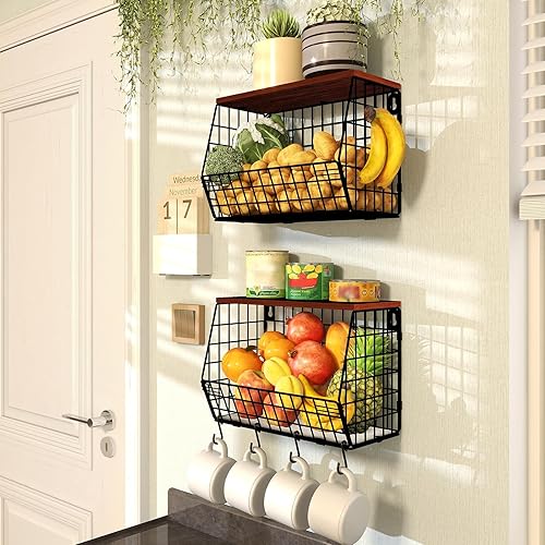 Miniatura 40 de Frutero blanco, cesta de frutas de 2 niveles para encimera de cocina, almacenamiento de frutas apilable montado en la pared, organizador de Marrón