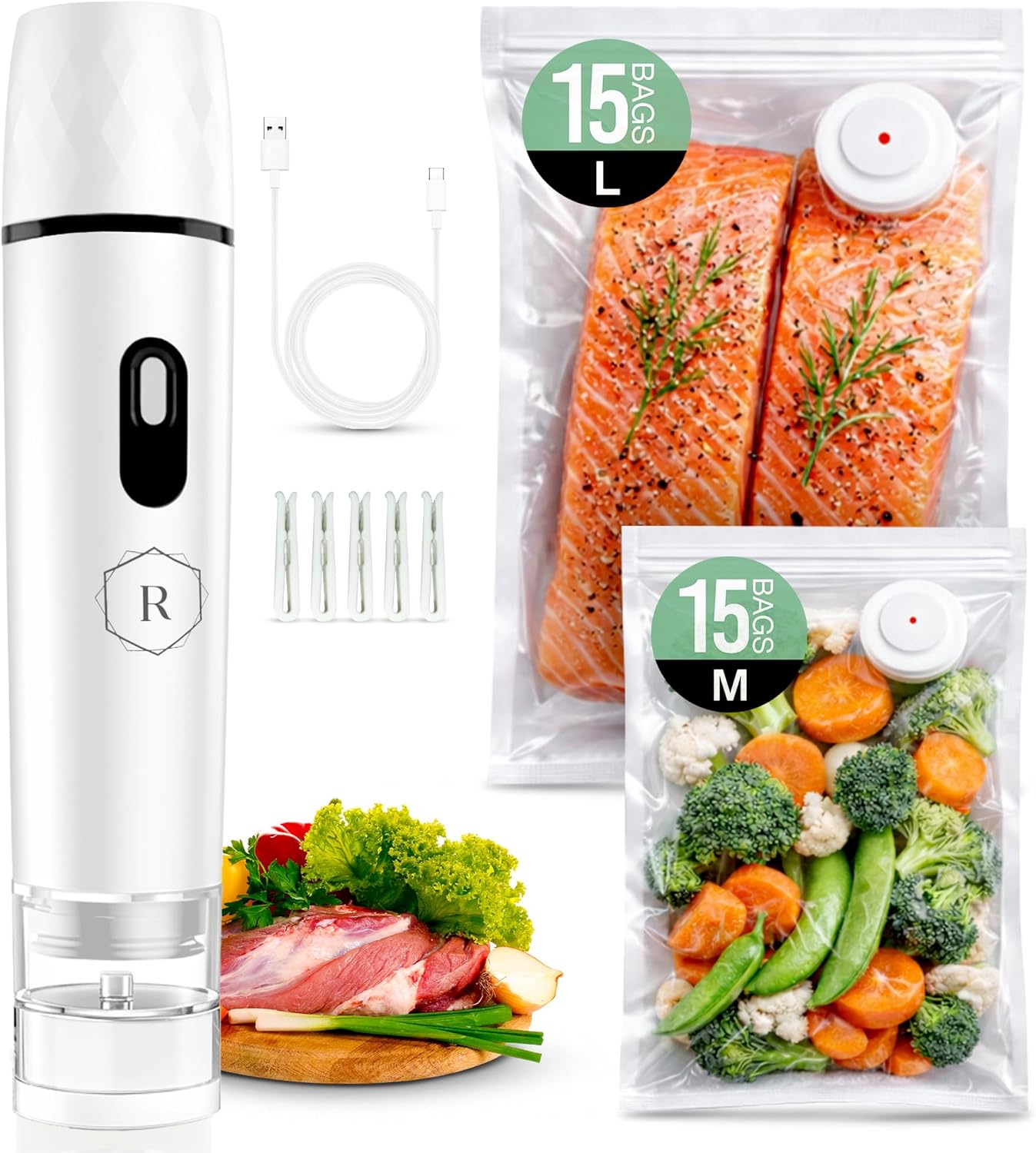 Compact Vacuum Sealer for Food - Powerful Handheld Vacuum Sealer with 30 BPA-Free Reusable Bags and 5 Clips, Rechargeable Cordless Sealer with Detachable Moisture Tank for Meal Prep, Freezer & Travel