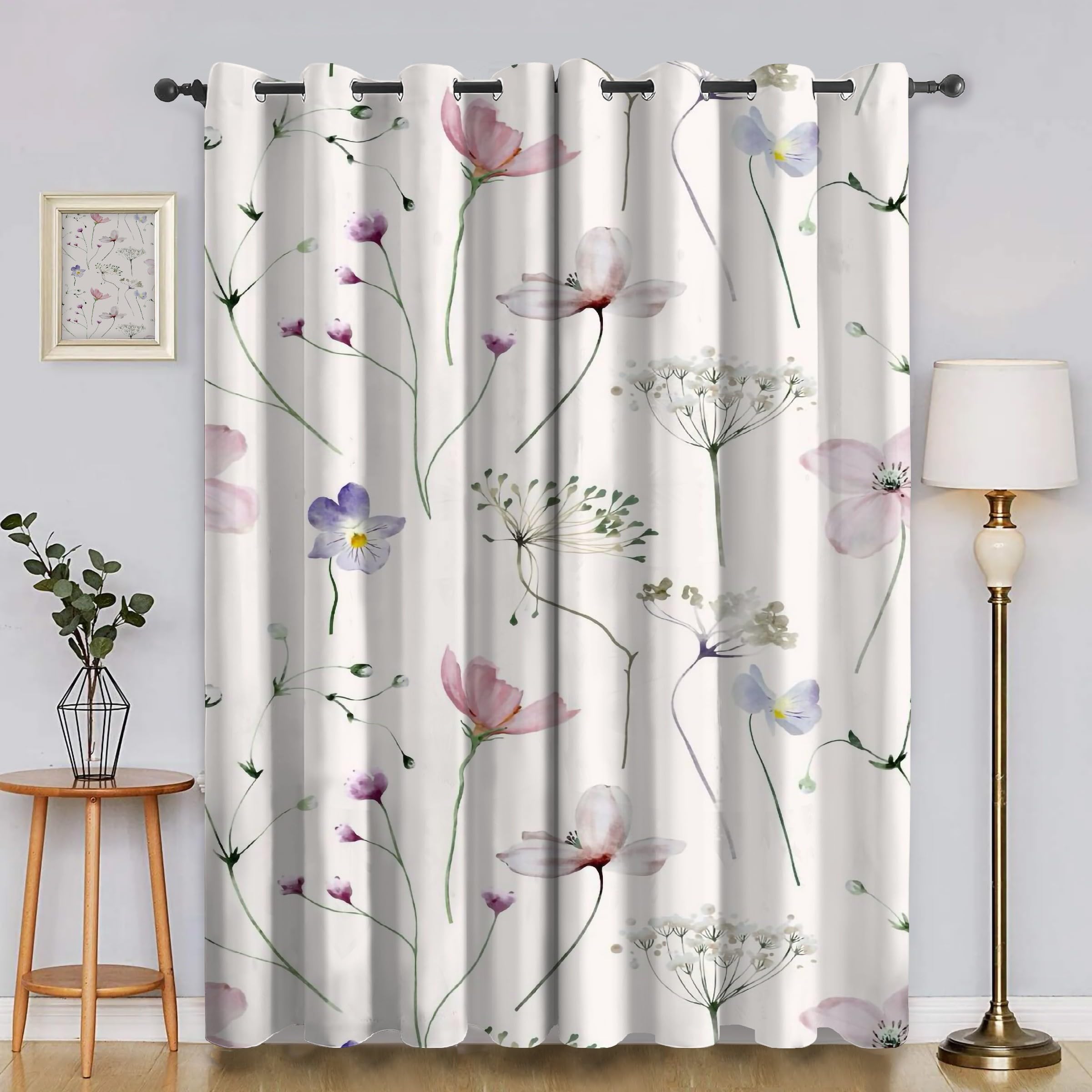 Watercolour Flowers Curtains for Living Room Bedroom, Thermal Insulated Eyelet Curtain, Minimalist Patterned Blackout Curtains, 90 Drop Window Treatments Drapes, W 90" x L 90" (2 Panels) PA87