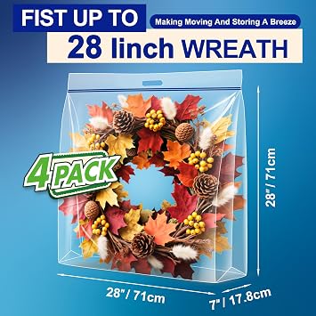 4 Pcs Large Clear Plastic Wreath Storage Bag with Handle, 28x28x7