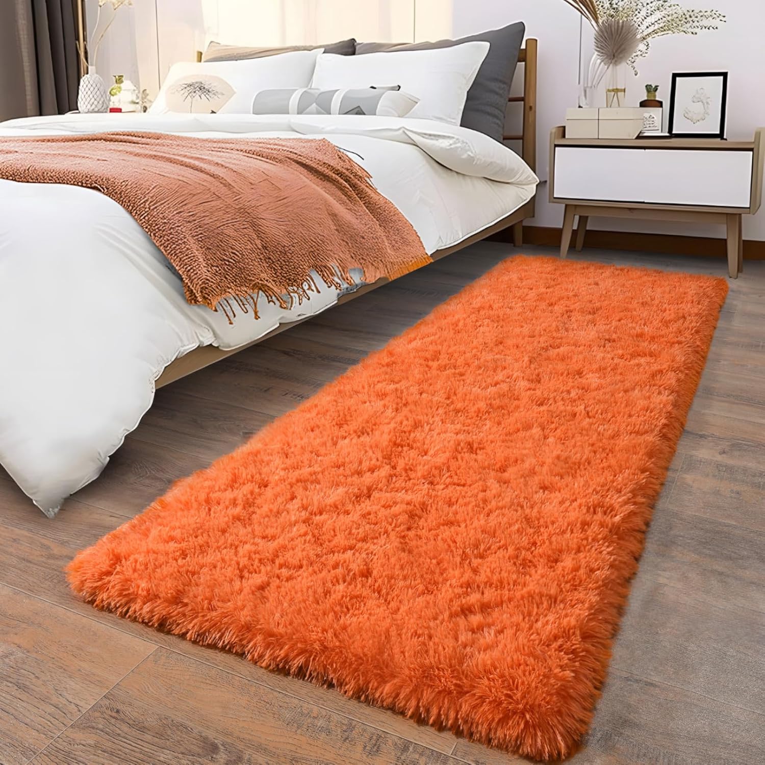 Soft Runner Rugs for Bedroom Hallways, 2x5 Orange Fluffy Shag Throw Area Rug Non Slip for Bedside Dorm, Long Shaggy Furry Carpet for Nursery Living Room