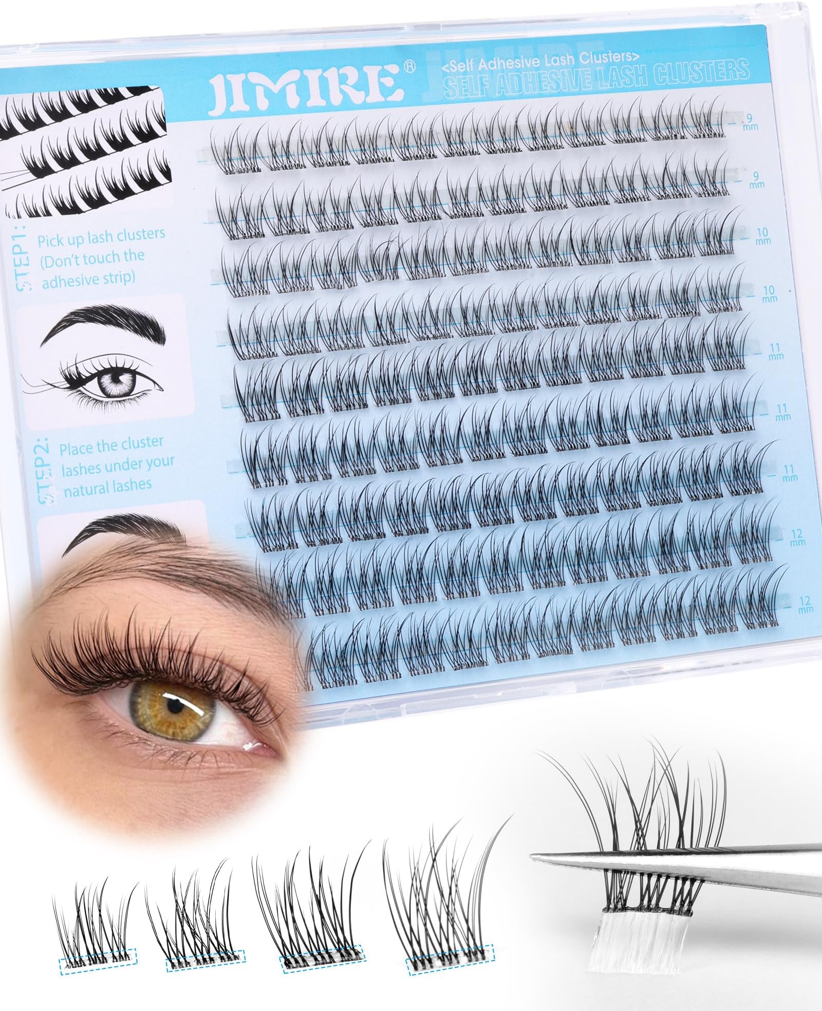 JIMIRE Natural Self Adhesive Eyelashes Wispy Pre Glued Lash Clusters No Glue Needed Press on Lashes Reusable Self Adhesive Lash Clusters Easy to Apply 9-12MM 108Pcs Pack