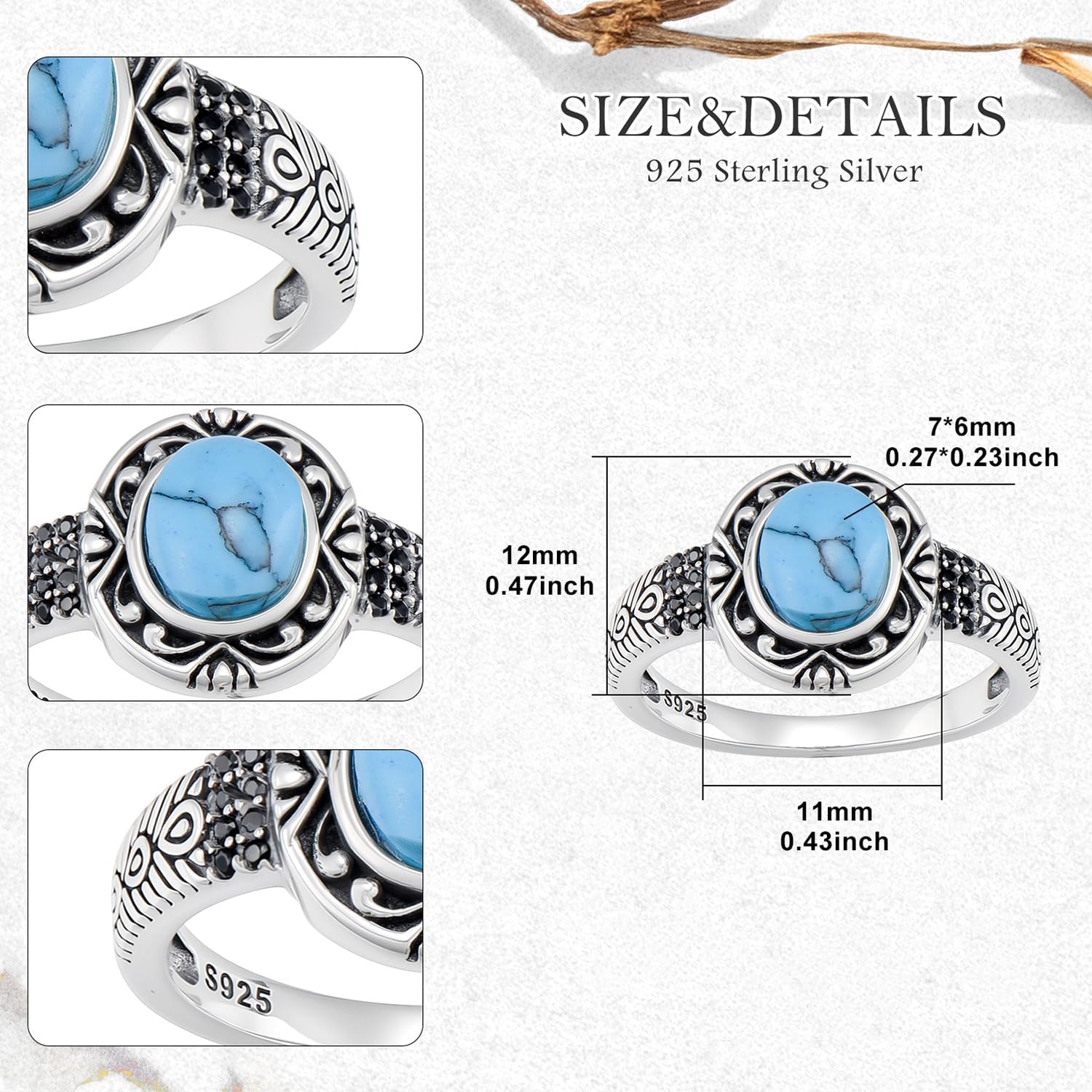 Turquoise Ring for Women 925 Sterling Silver Oval Cut Turquoise with Vintage Filigree Promise Ring - Image 5