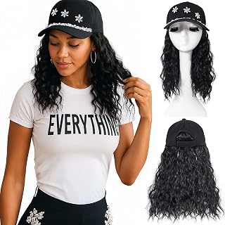 14-Inch Wavy Hat with Hair Attached for Women, Matte Black | Premium synthetic fiber, 1B, low-luster, natural density, heat-safe DIY, wide adjustment range. Ideal for all-day wear