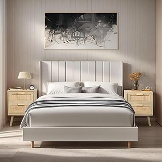 Finnhomy Nightstand, End Table, Side Table with 2 Hand Made Rattan Decorated Drawers, Nightstands Set of 2, Wood Accent Table with Storage for Bedroom, Natural, 2 Pack