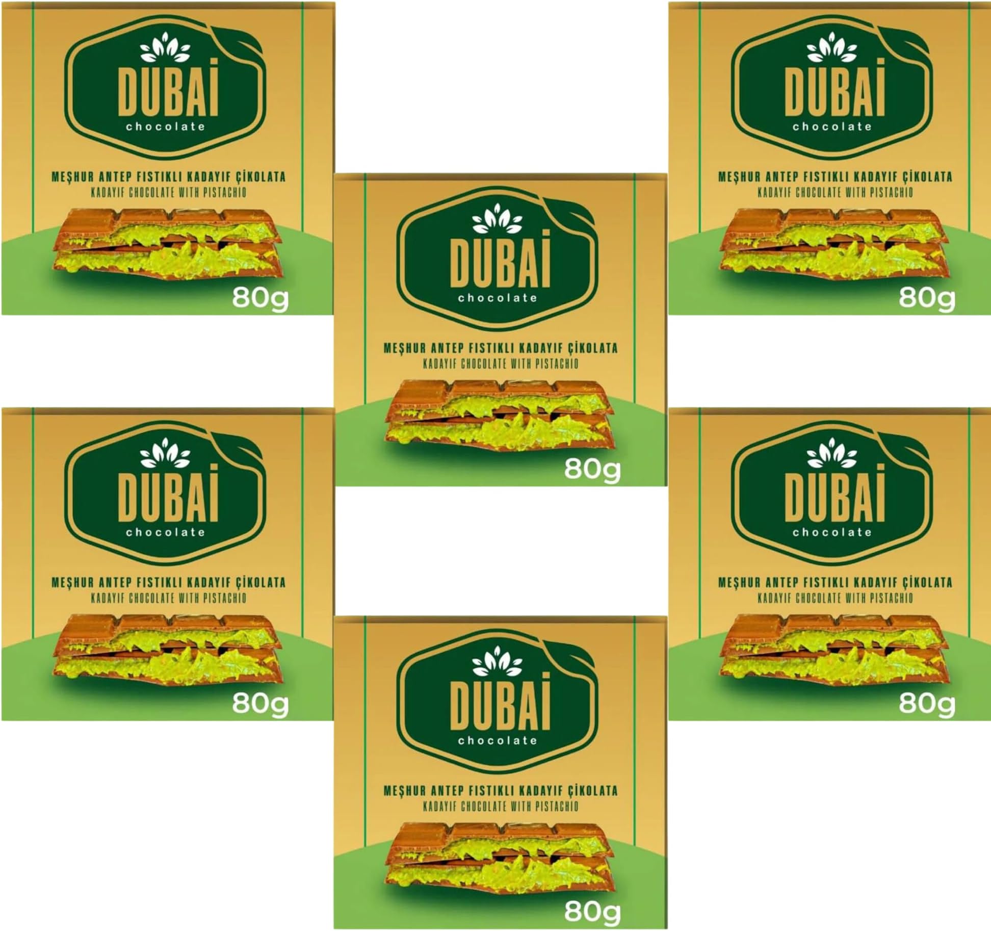 Dubai Chocolate Bar with Kadayif and Pistachio Cream 80g Dubai Kunefe knafeh Chocolate Small Gifts for Snack Treats Kids Family & Friend (Pack of 6)