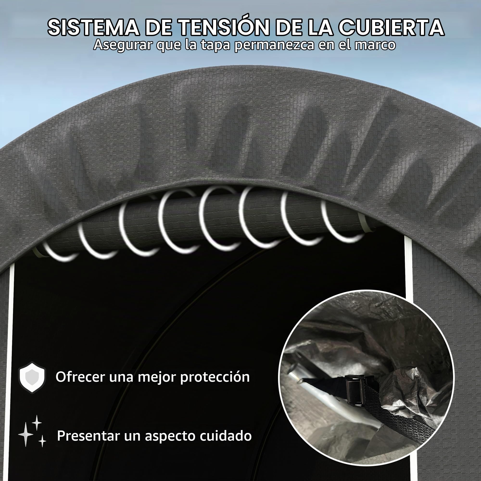 Outsunny Refugio de jardín Tienda de almacenamiento al aire libre cobertizo de bicicleta Garaje para bicicleta lona de PE Marco de metal galvanizado dim. 2,4 x 1,8 x 1,9 m gris oscuro