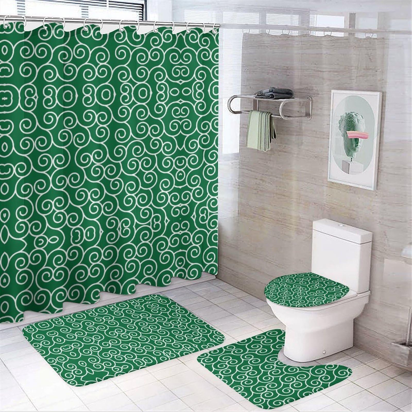 JZemdybill Bathroom Mat Set 4 Piece, Arabesque Background Shower Curtain with Non-Slip Bath Mats for Bathroom