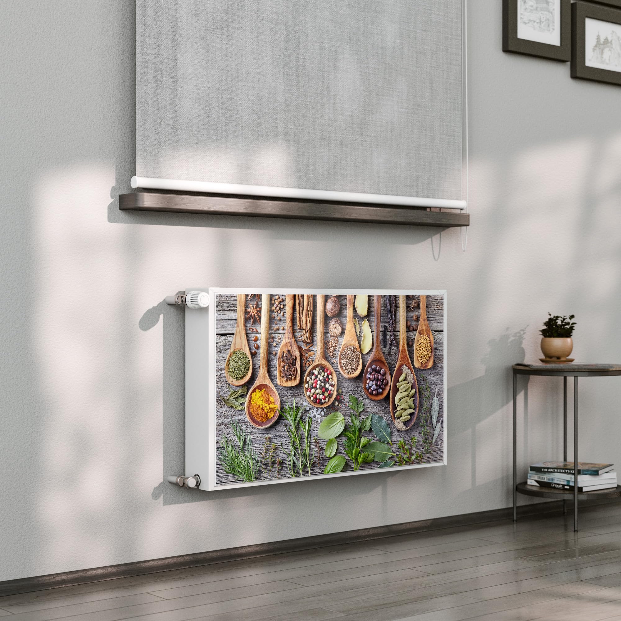 DEQORI Folia magnetyczna do ogrzewania 100 x 60 cm | motyw zdobiona łyżka kuchenna | dekoracyjna mata magnetyczna, ochrona grzejników | magnetyczna folia dekoracyjna samoprzylepna, magnetyczna i