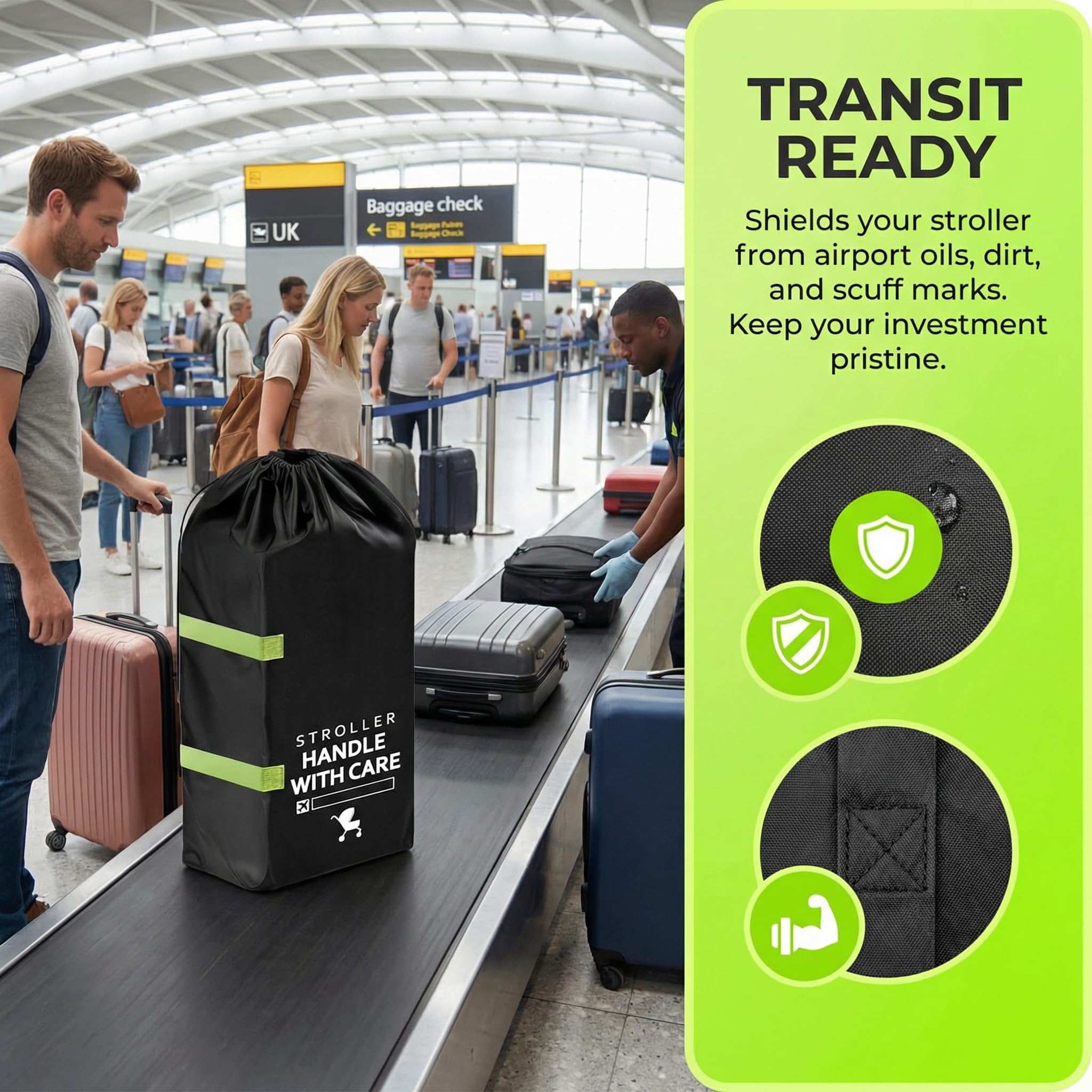 Borsa da Viaggio Trasporto Passeggino,Borsa da Viaggio Carrozzina,Sacca Passeggino Aereo per Outdoor Gate Check e Conservazione, Nero 120 x 60 x 38cm