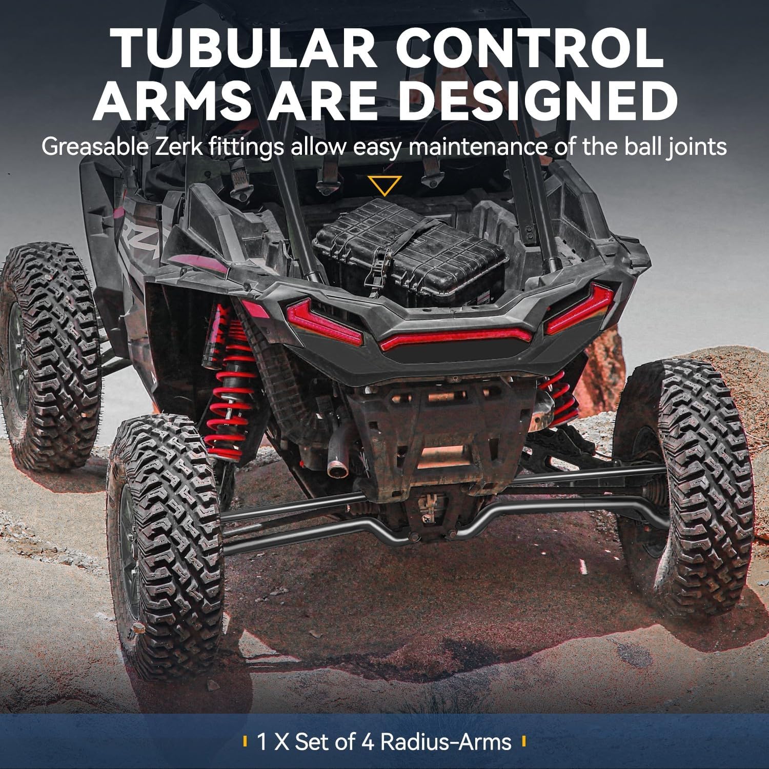 Auto Dynasty Rear Upper & Lower A-Arms Compatible with 2014-2023 Polaris RZR 4 XP 1000/Turbo, Left & Right Control Arm Replacements, High Clearance DOM Steel, Powdercoated Black