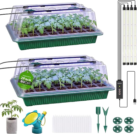 80-Seed Seed Starter Tray with Grow Light, 2 Pack Starter Kit | Smart Timer,Adjustable Humidity Dome,100Pcs Nursery Bags,2-in-1Sprinkler,Ideal for Indoor Plant Germination and Seed Starting