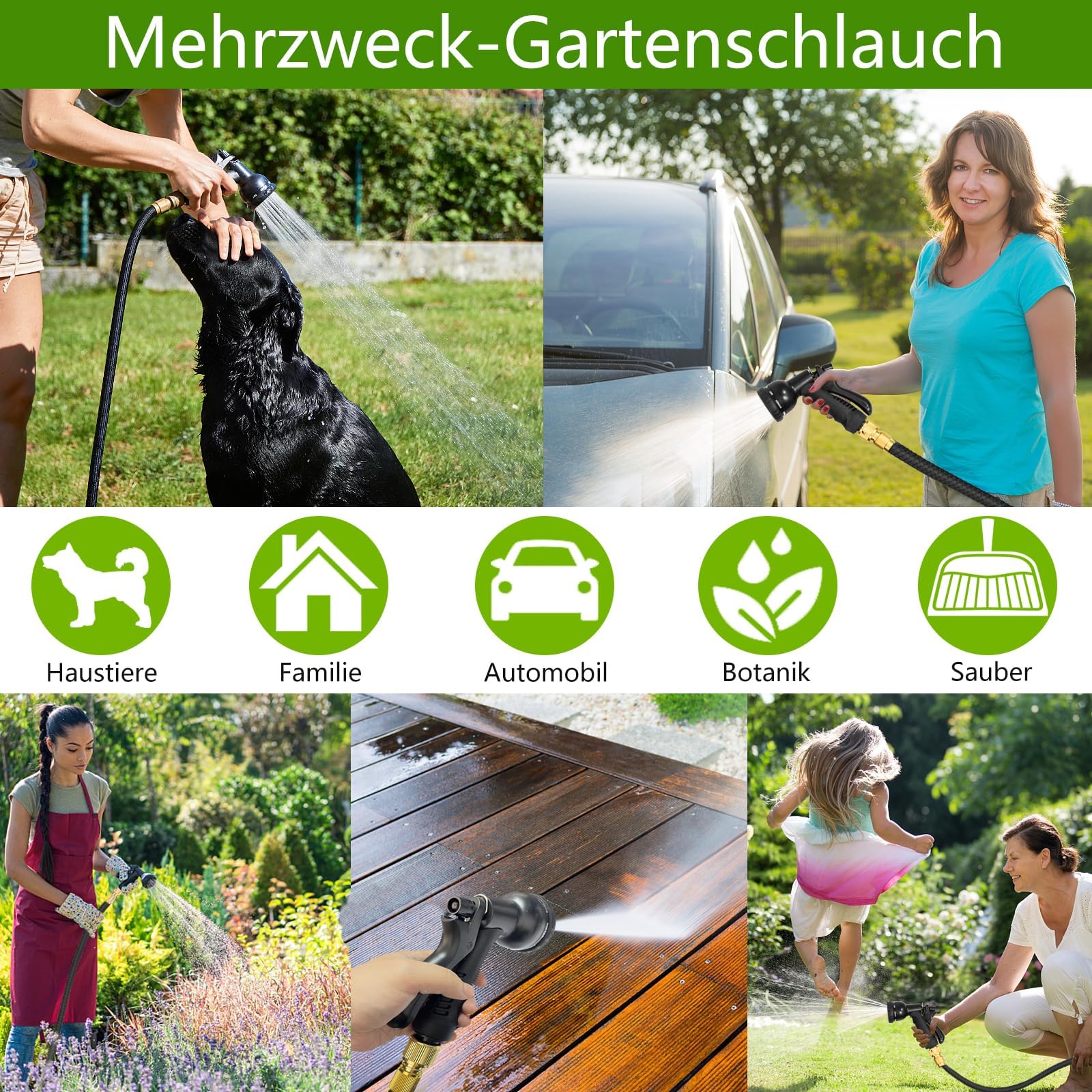 15M/50FT Flexibler Gartenschlauch, Wasserschlauch Dehnbar mit 8 Modi Wassersprühpistole, Adapter für 1/2' 3/4' Zoll und Wandhalterung, Schlauch Flexibel Bewässerung für den Außenbereich