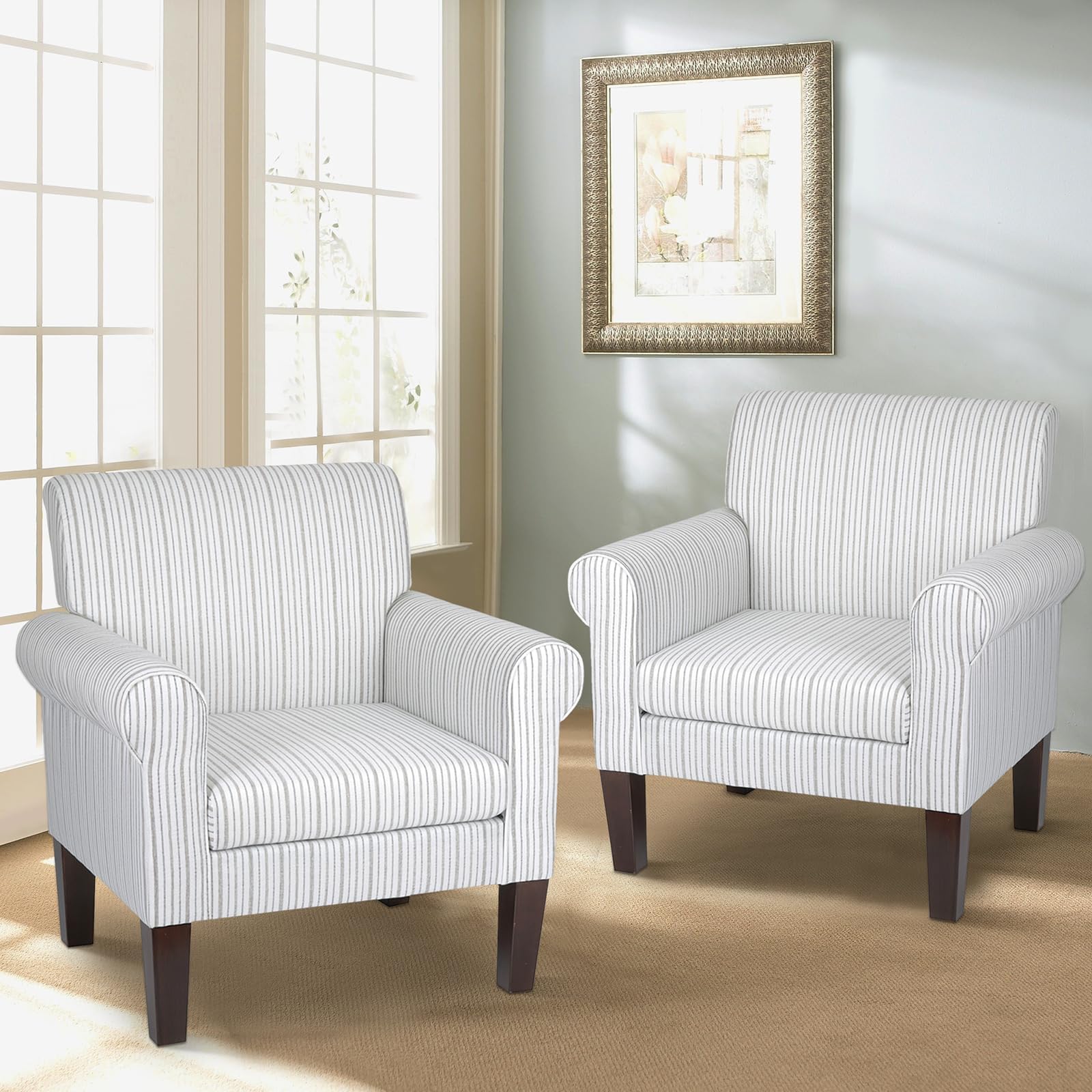 FUNKEEN Set of 2 Living Room Chairs Comfortable Stripe Accent Chair Mid Century Modern Comfy Linen Upholstered Sofa Chair with Arms for Bedroom Office Reception