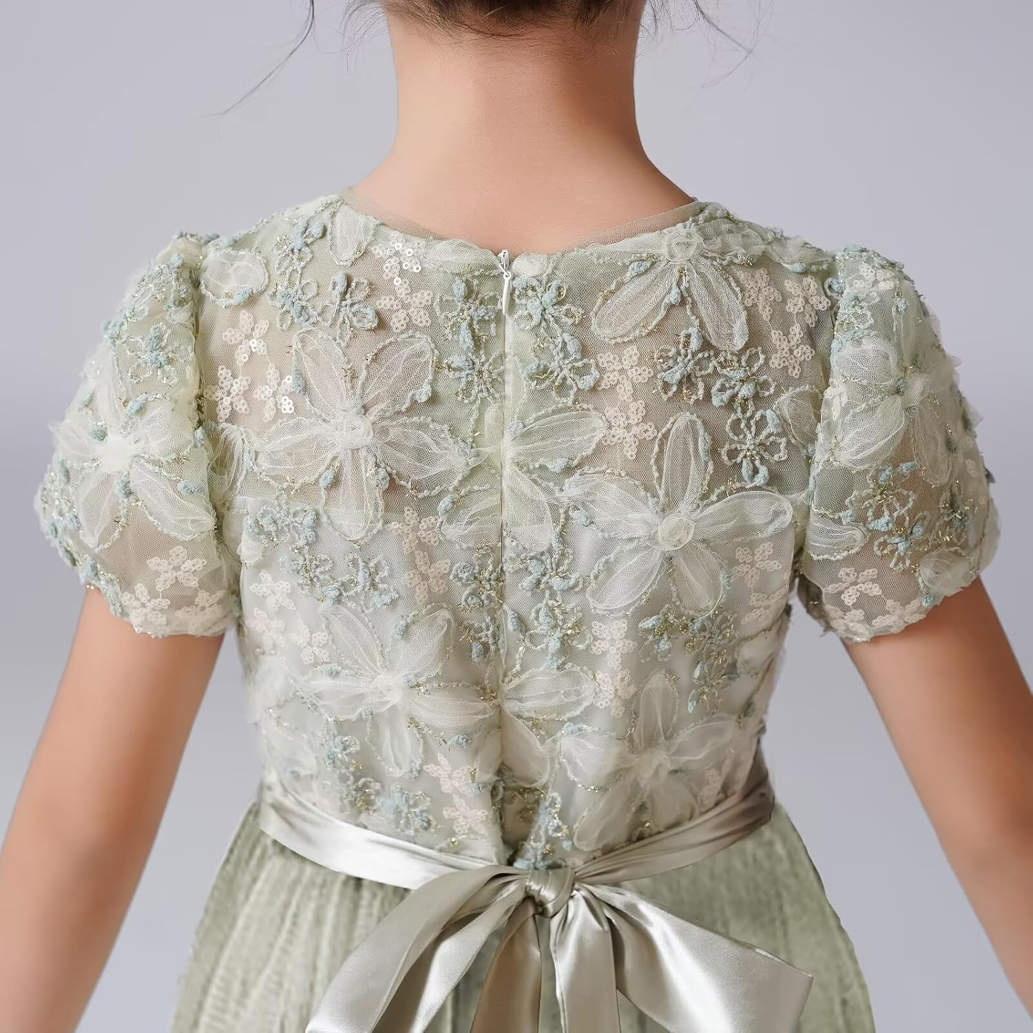 dideyttawl Flower Girls Dress 3D Embroidery Lace Appliqued Puff Tulle Satin Bow High-Waisted Maxi Dress 754T - Image 4