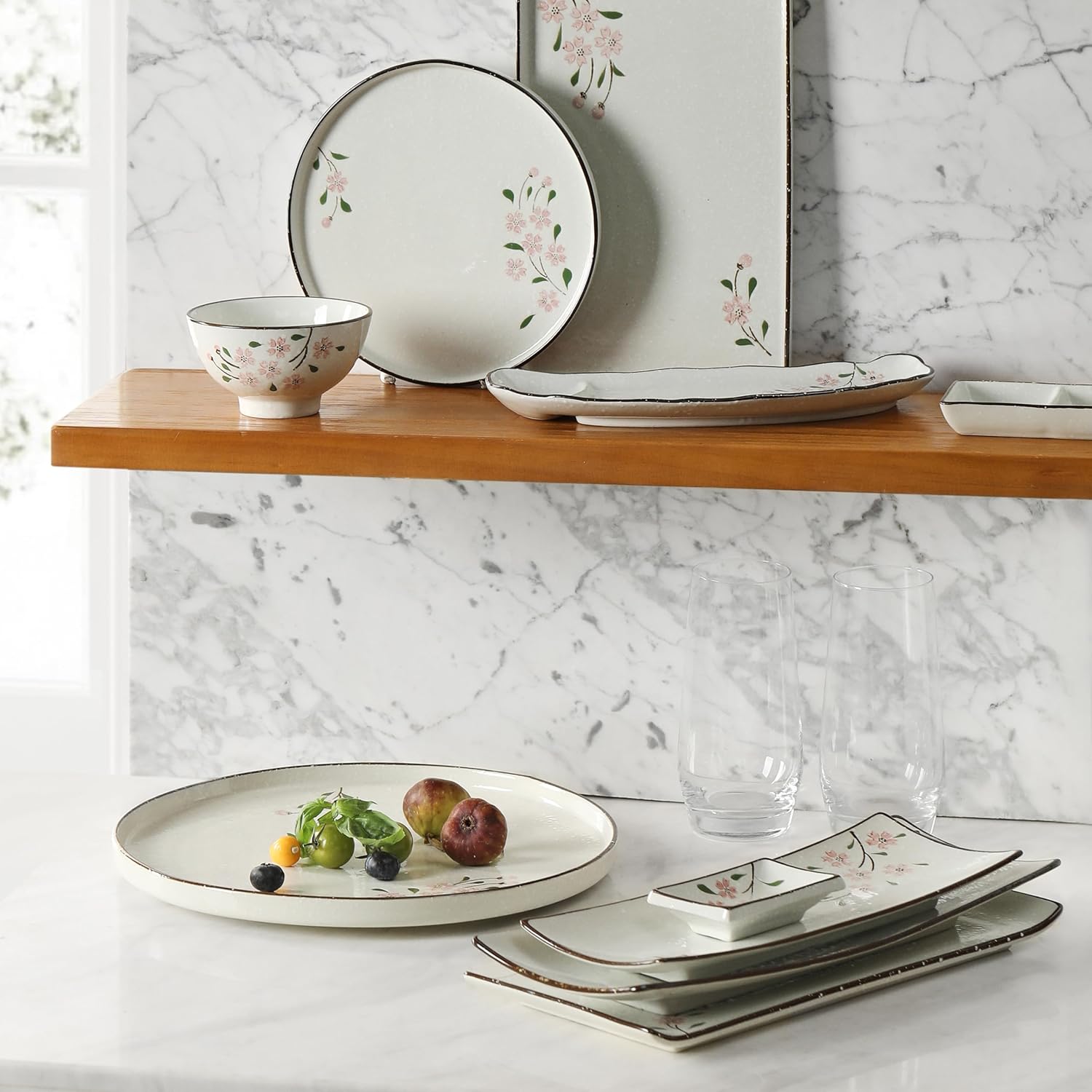 14" Long Rectangle Plates for Serving Sushi, Pasta, Chips, Appetizer - Ceramic Sushi Plate for Party, Restaurant, Banquet (4Pack, Pink Sakura)