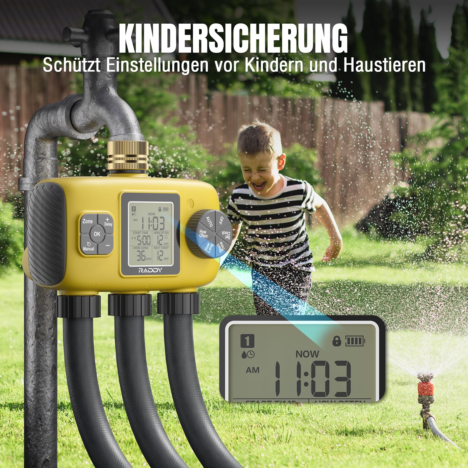 Raddy WS-8 Bewässerungscomputer 3 Ausgänge, Automatische Bewässerung Zeitschaltuhr mit manueller Bewässerung, Regenverzögerung, großes LCD-Display, IPX5 wasserdicht für Gartenhöfe, Gelb