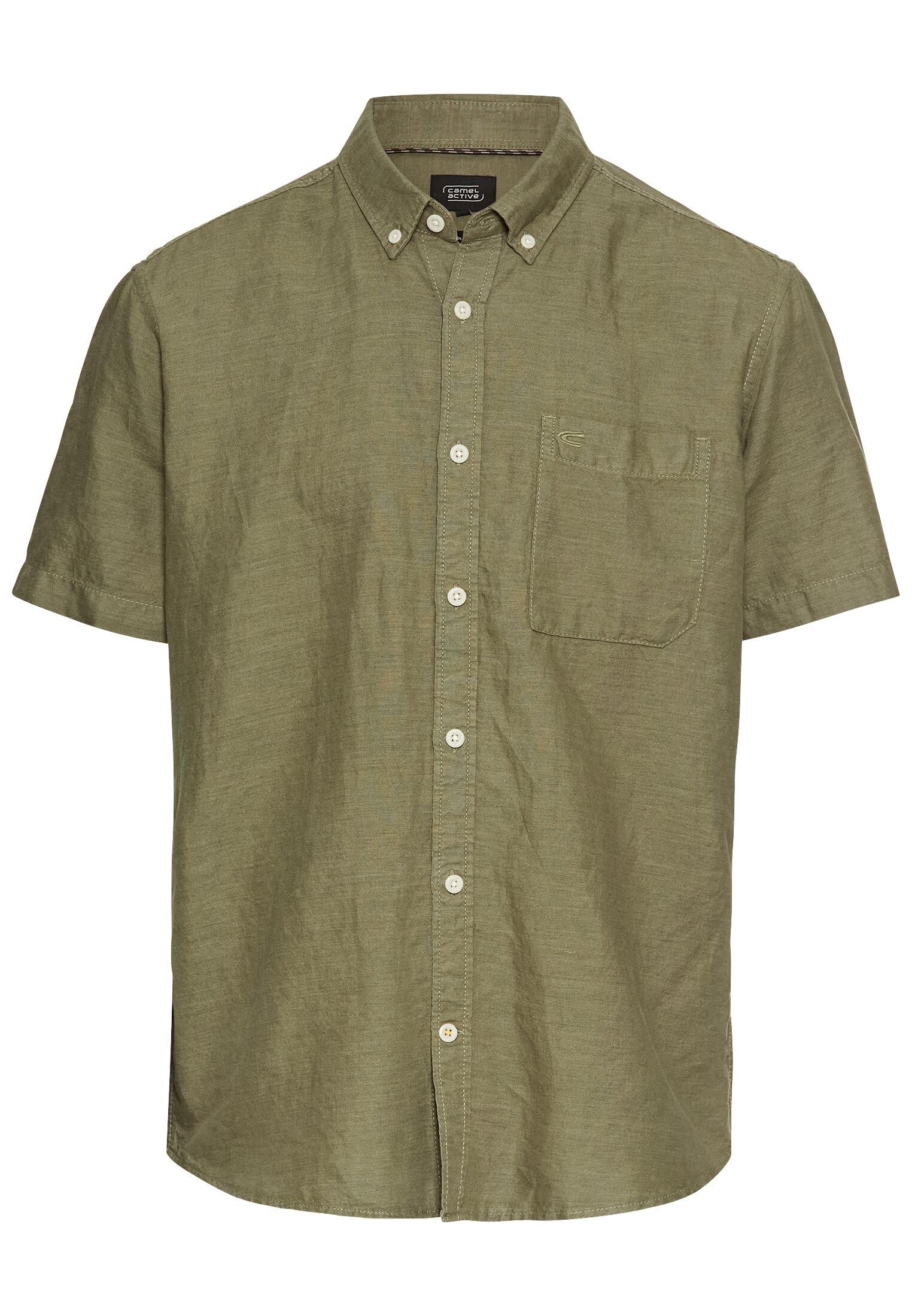 camel active Men's Cotton Linen Mix Short Sleeve Shirt Dark Green, Menswear-M, Dark Green, M