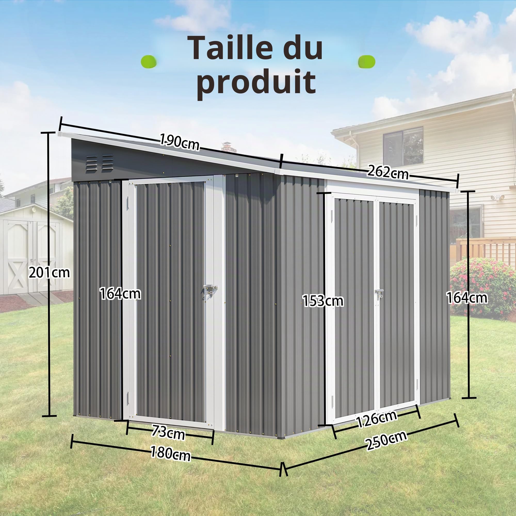 Abri de jardin en acier galvanisé avec double porte et porte latérale, résistant aux intempéries, avec kit de sol et serrure verrouillable, environ 262 x 180 x 201 cm